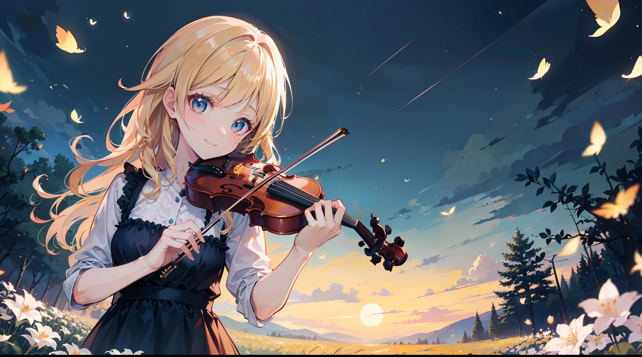 (best quality,16k,masterpiece:1.37), Kaori Miyazono \(your lie in april\), playing the violin under the moonlight, in a field full of fireflies, gentle smile, a deep feeling of melancholy fill up the scene.