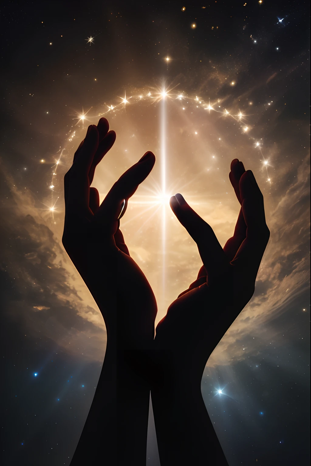 someone holding their hands up in the air with a star in the background, holding a holy symbol, holding holy symbol, reaching towards the heavens, blessing hands, holy sacred light rays, bright light masterpiece, holy rays of spiritual light, shining its light among stars, star in the sky, holy light, holy light halo, shutterstock, spiritual light, spiritual enlightenment