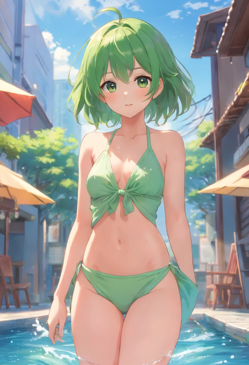 1Chica, elfa, cabello blanco, mostrando la frente, cabello corto, vestido verde posando desnuda, en vestido, en pixiv, Tendencias en ArtStation Pixiv, Cushart Krenz, Artgerm extremadamente detallado, con un traje de flores, adolescente, in Ultra-small towel naked、mojado y transparente、a Bonita、blushed、escote de la mama、Thights、no brassiere、Sin bragas、Alta calidad de imagen、vivid、Altos detalles、Entrepierna、浴室