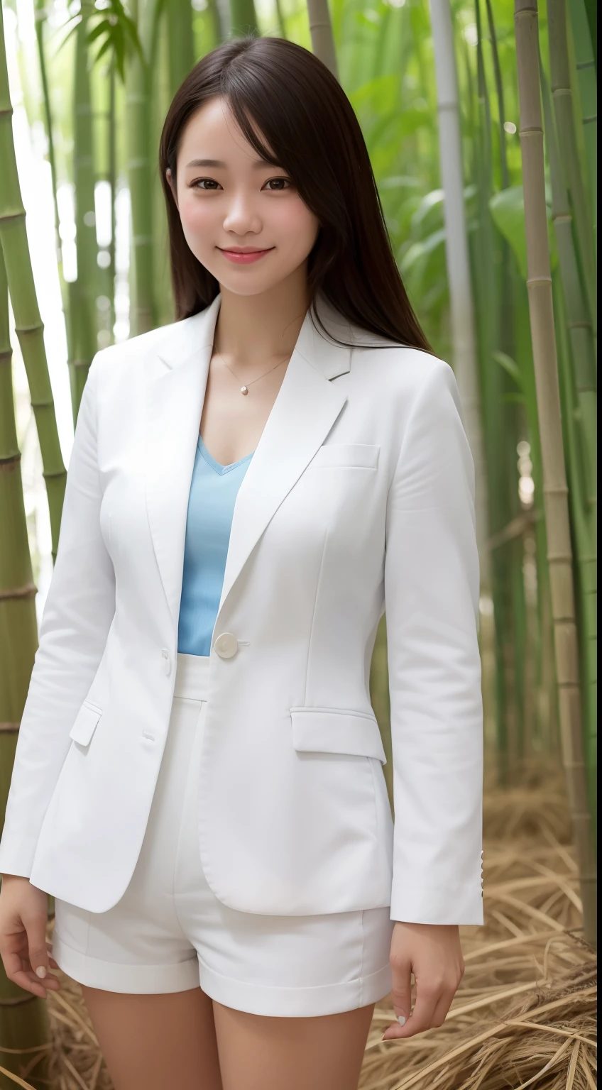 A smiling girl,While wearing a white Business suits,Super short blue denim shorts,Standing in a bamboo forest,com rosto detalhado,The eyes are delicate,The photo quality is the best,Realistic image quality,Background diffuse lighting,Depth of field display。