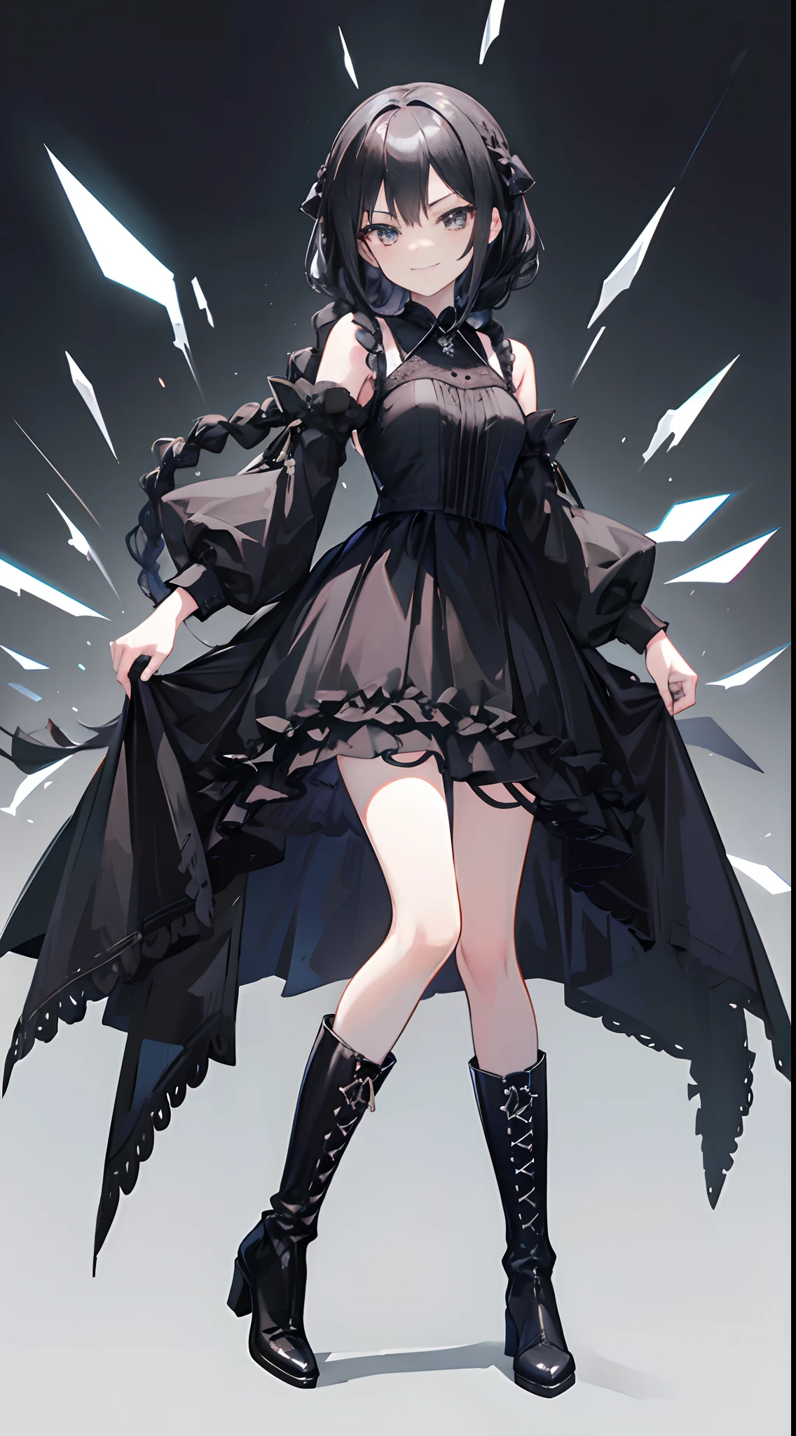 Solo,Facing the viewing angle,bit girl,,Gorgeous black wedding dress,Black hair,Fishtail braided hairstyle,Black colored eyes,A smug smile,Black super-heeled boots,stand posture,Extend your right leg forward,White background,Simple background