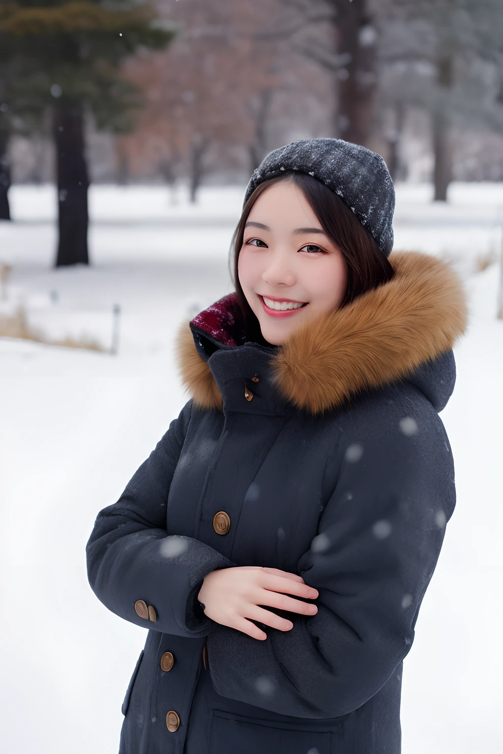 Woman in winter coat standing in the snow with trees in the background, Mujer coreana, Hermosa mujer surcoreana, Chica coreana, Hermosa joven coreana, Hermosa joven coreana, a young asian woman, Joven y adorable rostro coreano, Chica china, an asian woman, Mujer china, en la nieve, young asian woman, warm smile, en la nieve, De pie en la nieve, young asian woman