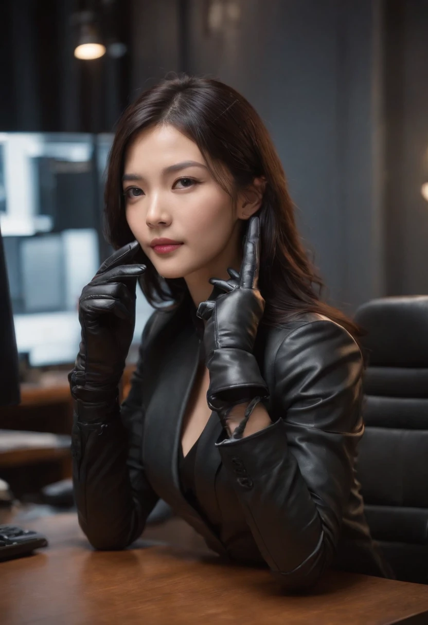 Both hands are covered with black leather gloves up to the fingertips, upper body, black recruitment suit, black hair bundled long behind the desk in the room with a computer in the dark, look here, play with the hair with the fingertips of black leather gloves, exceptionally cute Japanese female new employee (the angle is in the front)
