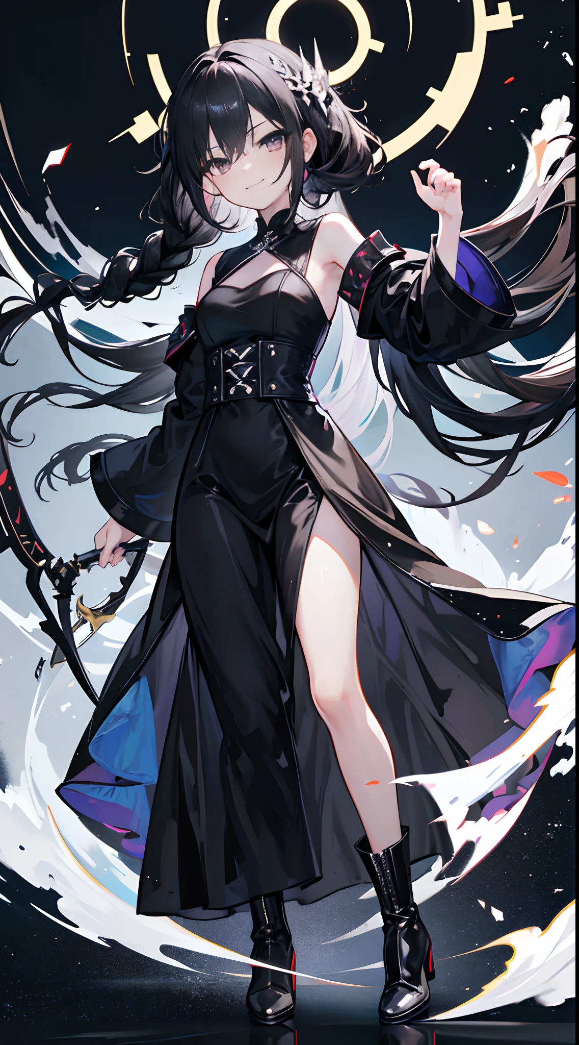 Solo,Facing the viewing angle,bit girl,Loli,Gorgeous black wedding dress,Black hair,Fishtail braided hairstyle,Black colored eyes,A smug smile,Black super-heeled boots,stand posture,Extend your right leg forward,White background,Simple background