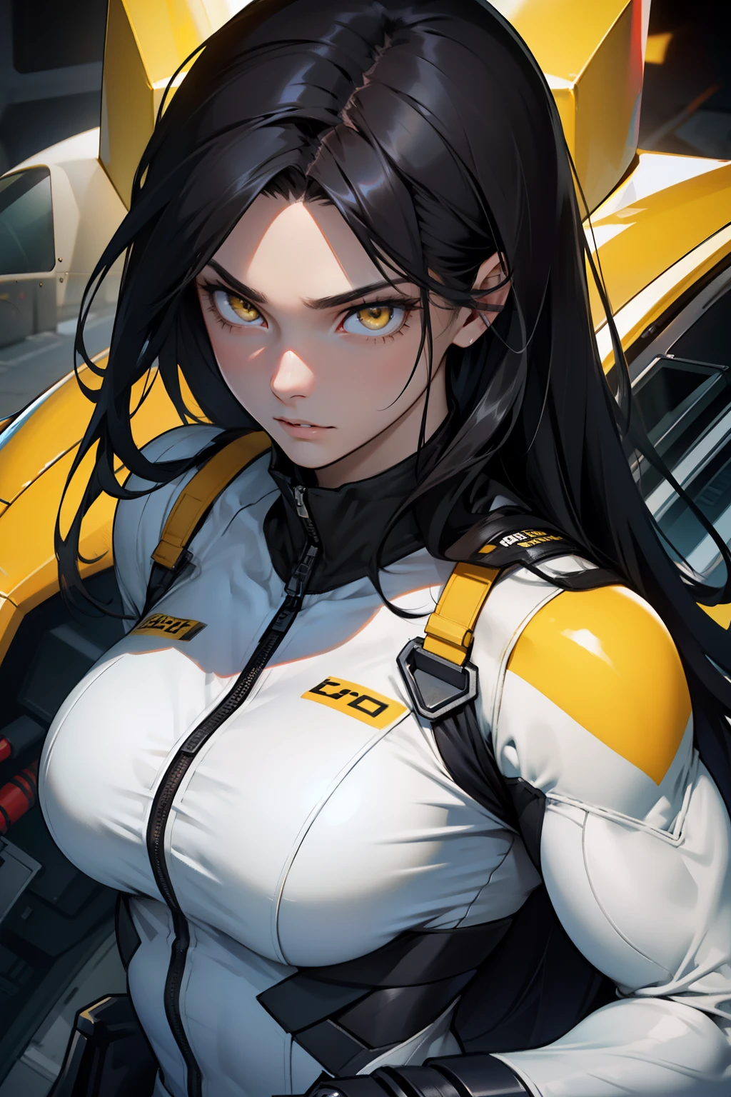 1 girl, black hair, yellow eyes, very long hair, pale skin, ((((extremely muscular)))), large breasts, (confident expression), pilot suit, close up