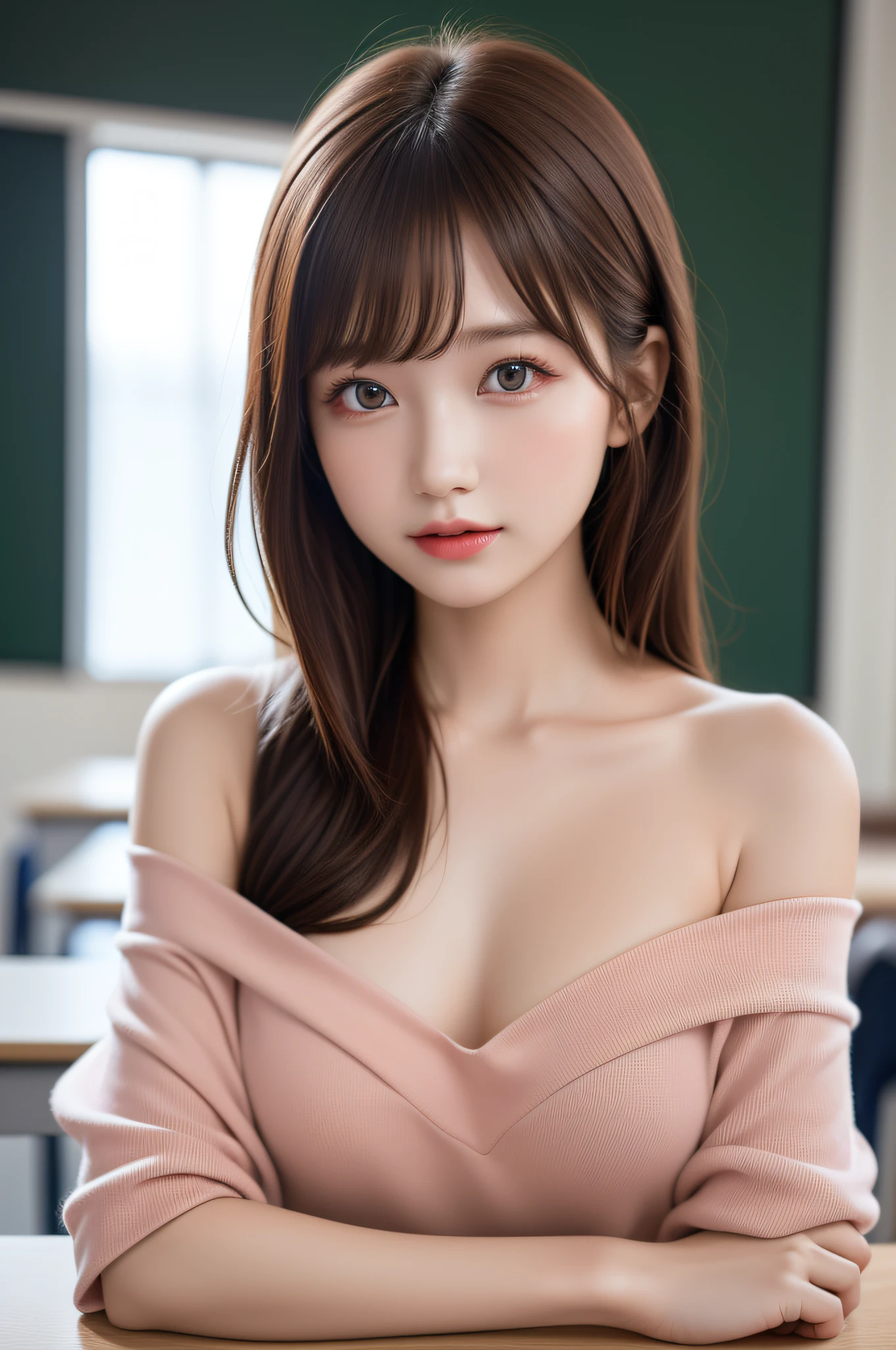 ((1girl in)), ((Best Quality)), (Ultra-detailed), (extremely detailed CG unified 8k wallpaper), Highly detailed, High-definition raw color photos, Professional Photography, Brown hair, Amazing face and eyes, Pink eyes, (amazingly beautiful girl), School, classroom, off shoulder,