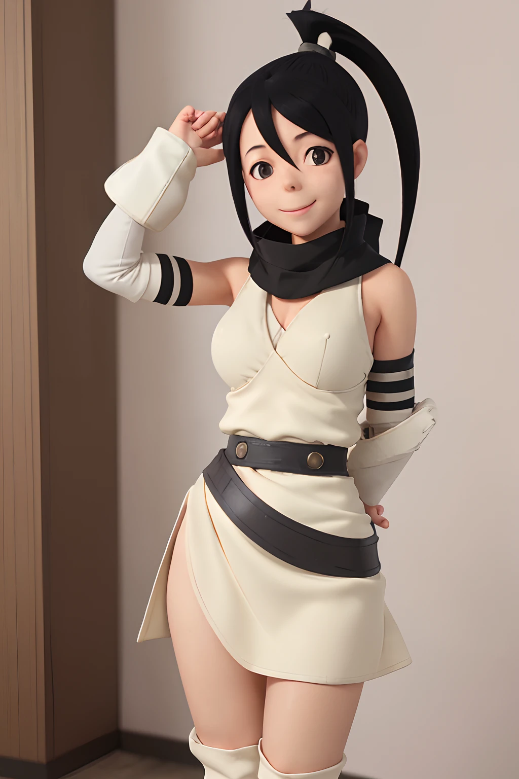 (masterpiece:1.2), tsubaki, hair bun, black hair, white bikini, standing, tsubaki, ponytails, scarf, detached sleeves, dress, single thighhigh, white boots, smile,(((good hands1.5))), ((((Best quality1.5)))), (((8k))