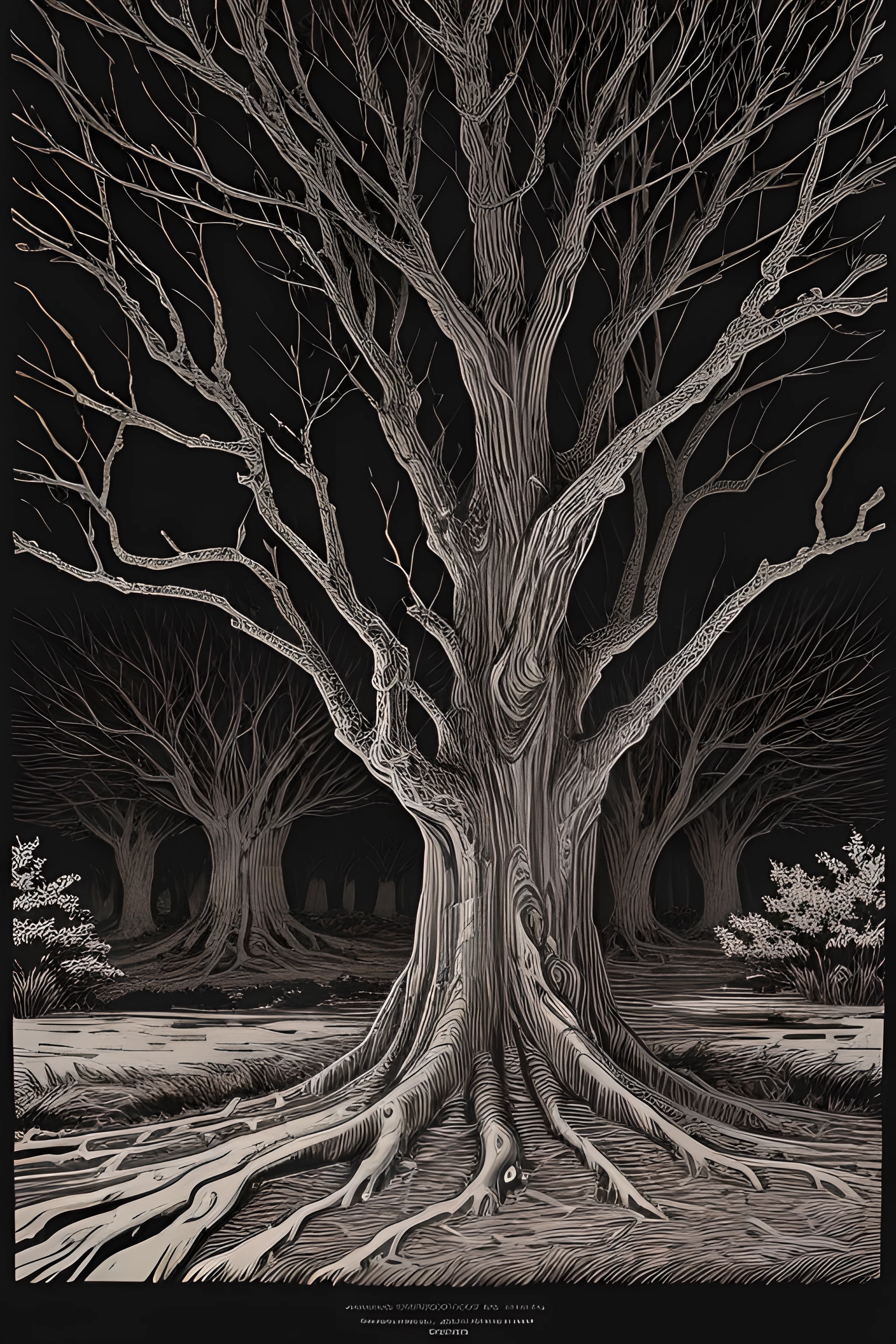 Linocut, wood block print, In the style of Eyvind Earle, black and white only, close landscape, gnarly tree bark detail, twisting trees, oak, distant shrubs, tree row, close tree, perspective, hatching detailed texture, line art, hatching shadows, contour line hatching, 2 tone, mystical tree branch limbs, subtle anthropomorphic gesture, subtle grandpa ent, subtle old eyes looking, 23 degree horizon tilt, view from above, dramatic perspective