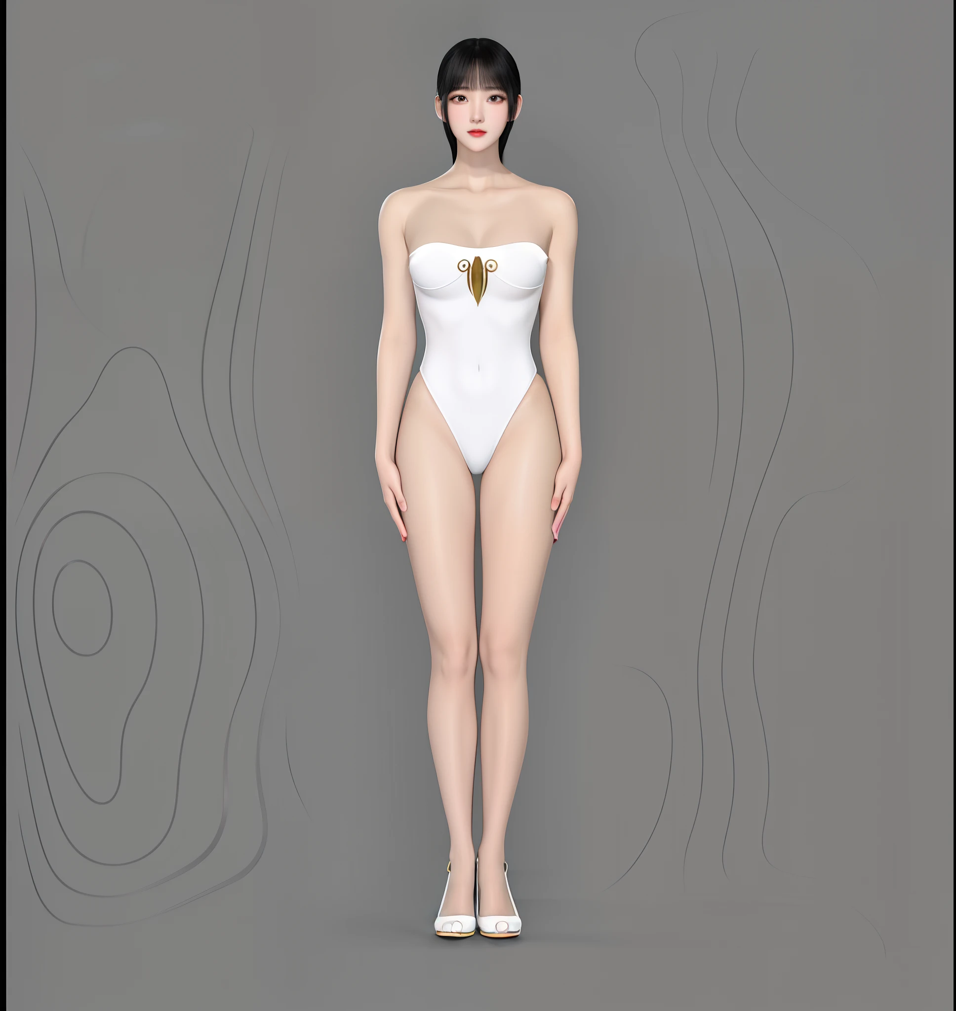 White background,A tall and beautiful Chinese girl,with fair skin,Coiled hair,Qi bangs,Wear a one-piece swimsuit and high heels,Stand up straight,Stand upright,Symmetrical distribution,Ray traching