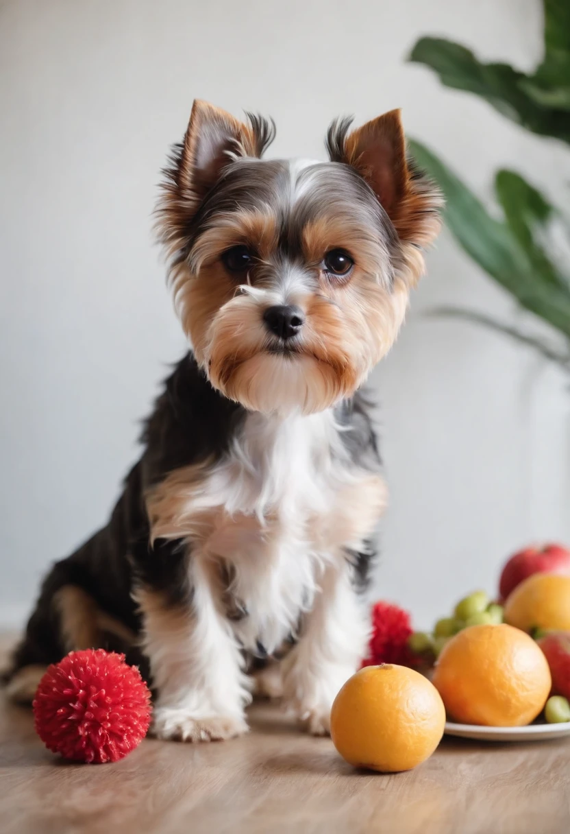 Biewer terrier a la pompom, em um apartamento luxuoso, comendo a fruta melancia