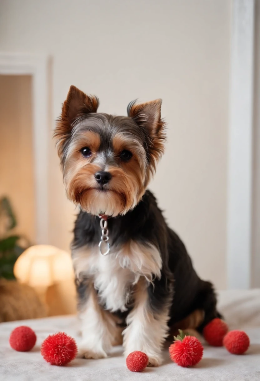 Biewer terrier a la pompom, em um apartamento luxuoso, comendo a fruta melancia