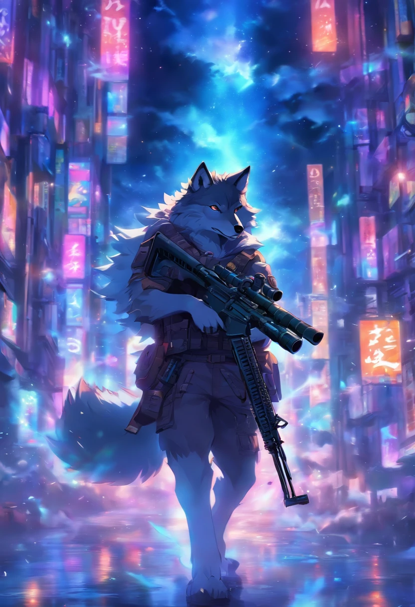 Wolf holding a sniper rifle,8th class, Cinematic light and reflection, Intermediate metaverse elements，Digital Painting, Glowing reflections,Skylight at night with a beautiful atmosphere,Surrounded by clouds, Looking down from a high place, glazed tiles,tmasterpiece, high quarity, Beautiful graphics, high detal,Magnificent