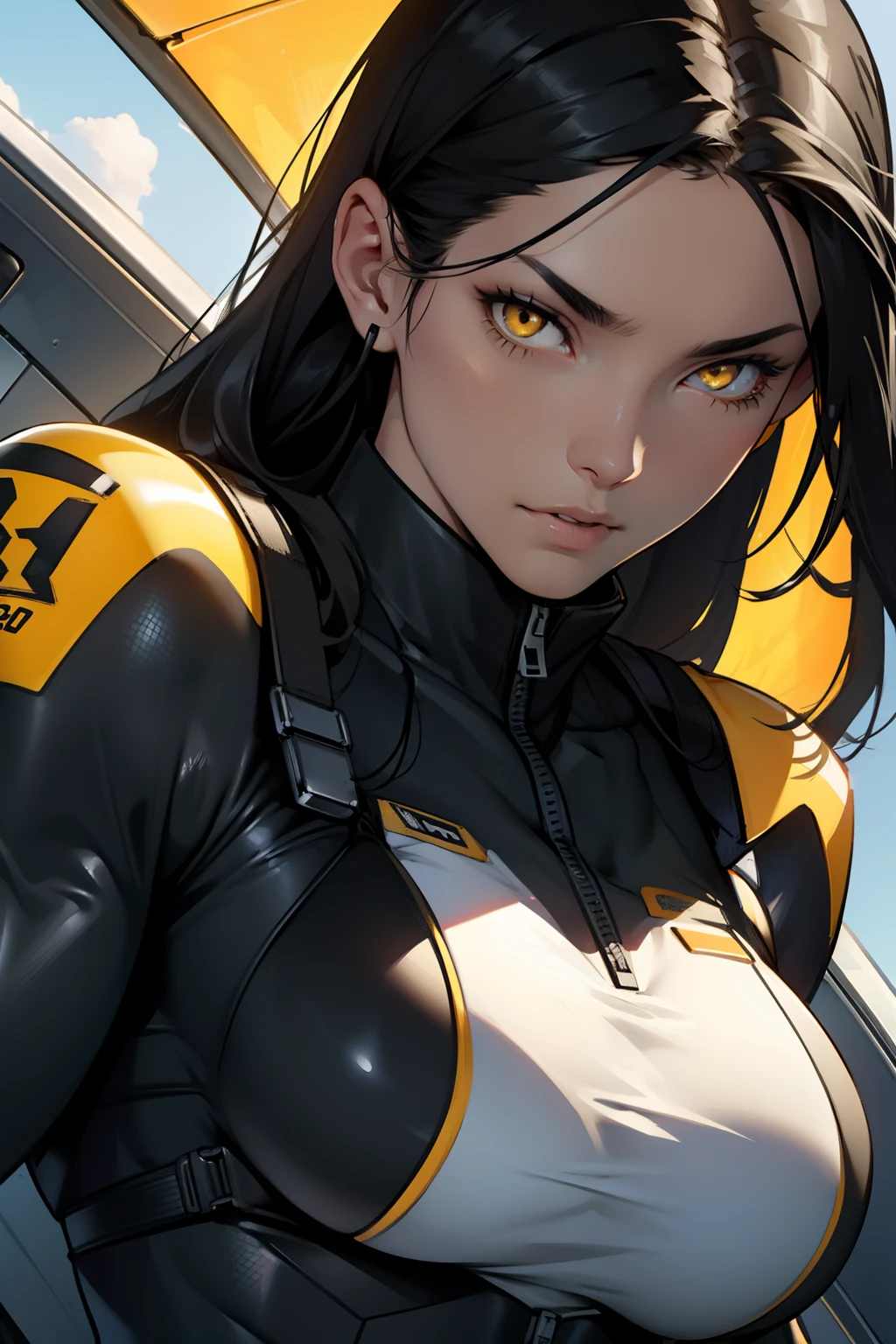 1 girl, black hair, yellow eyes, very long hair, pale skin, ((((extremely muscular)))), large breasts, (confident expression), pilot suit, ((close up))