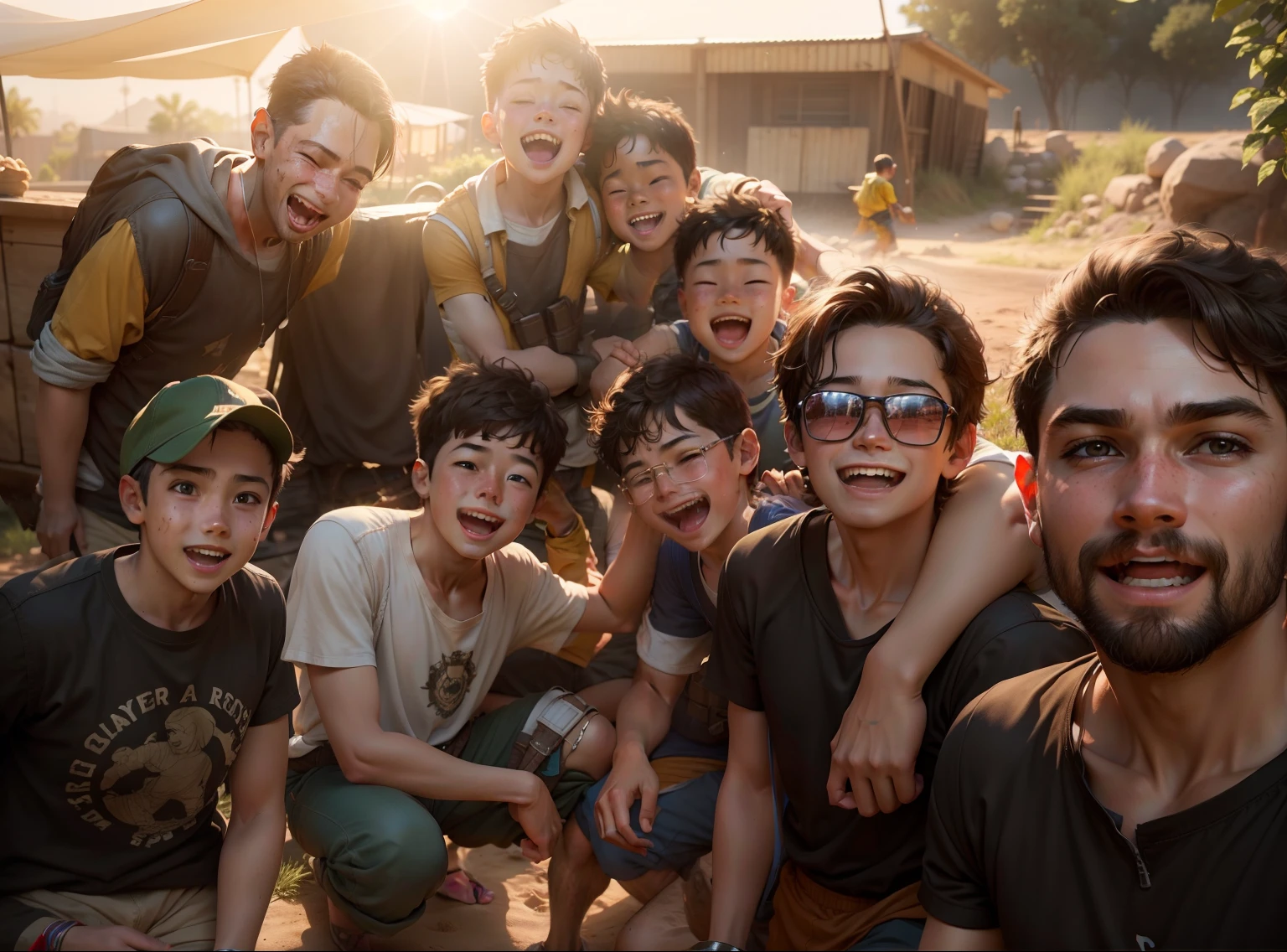 Group of boys, having fun, happy, sunlight, cinematic, hyper realistic, 8k