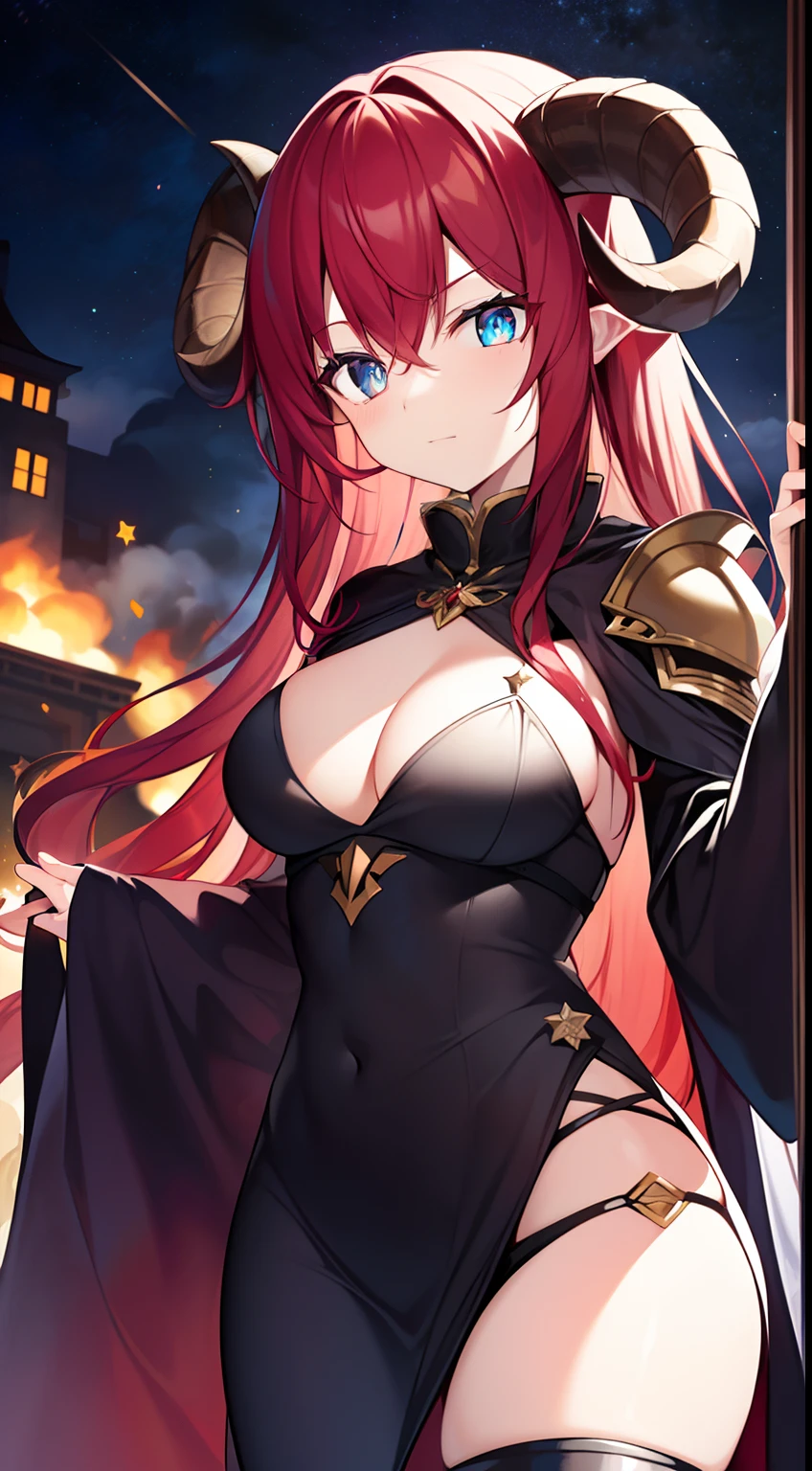 (Beautiful wallpapers) ,(evil theme),long red hair,blue pupils,Loose black robes and armor,Dominate the disaster,(beautiful),sheep horns, big chest,Close up,Red Storm,(A world shrouded in darkness),(Otherworld town background),The decline of the world,(A thousand years of stars)