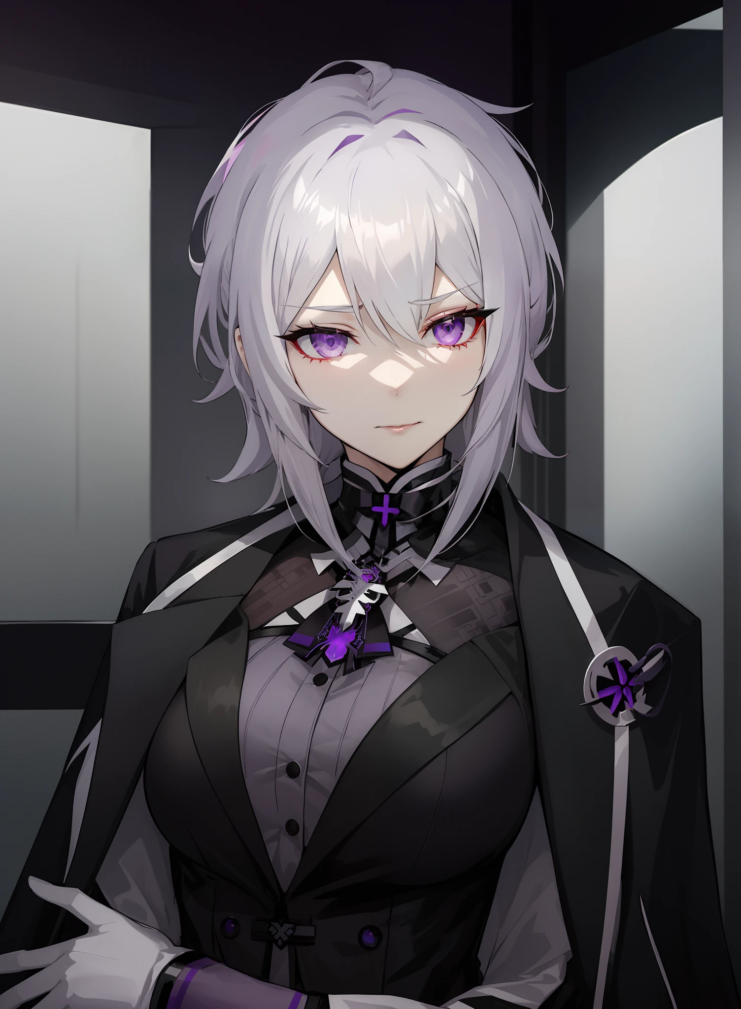 (masterpiece, best quality:1.2), illustration, 8k, hd, 1girl, solo, (((white hair, purple eyes,))) black coat, large breasts, black pants, short hair, indoors, arle suit, serious expression, tall, mature, elegant, black gloves, top hat, black headwear, upper body, from front, close up