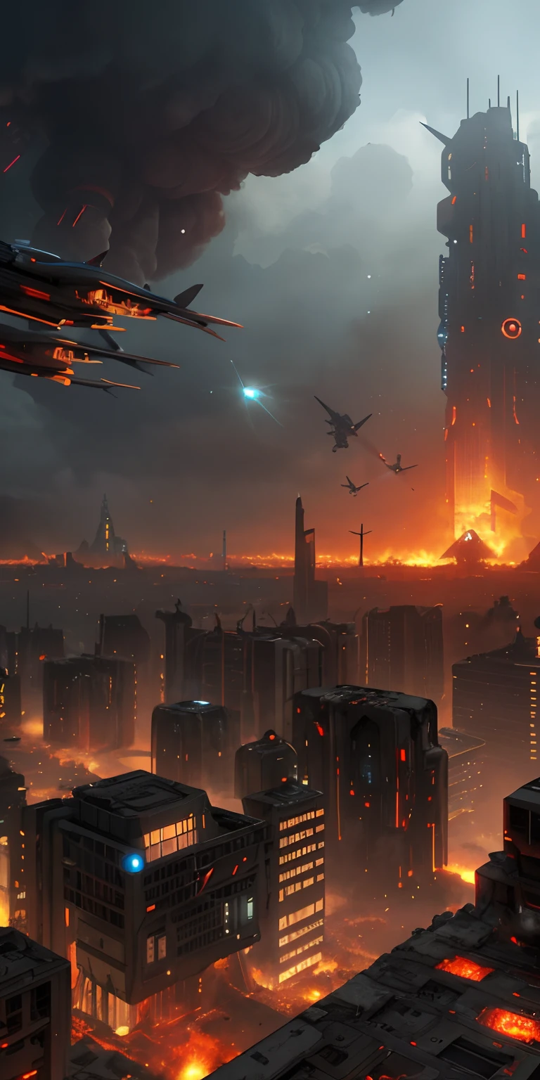 Futuristic city with a burning tower and a plane flying over it, dystopian scifi apocalypse, Cyberpunk apocalyptic city, Futuristic dystopian city, apocalyptic future city, Ciudad futurista oscura, Concept Art 8 K, En Fantasy Sci - Fi City, Ciudad cyberpunk en la distancia, Ciencia - Ciudad de la FI, Epic sci-fi digital art, Paisaje de Apocalypse City, science fiction city