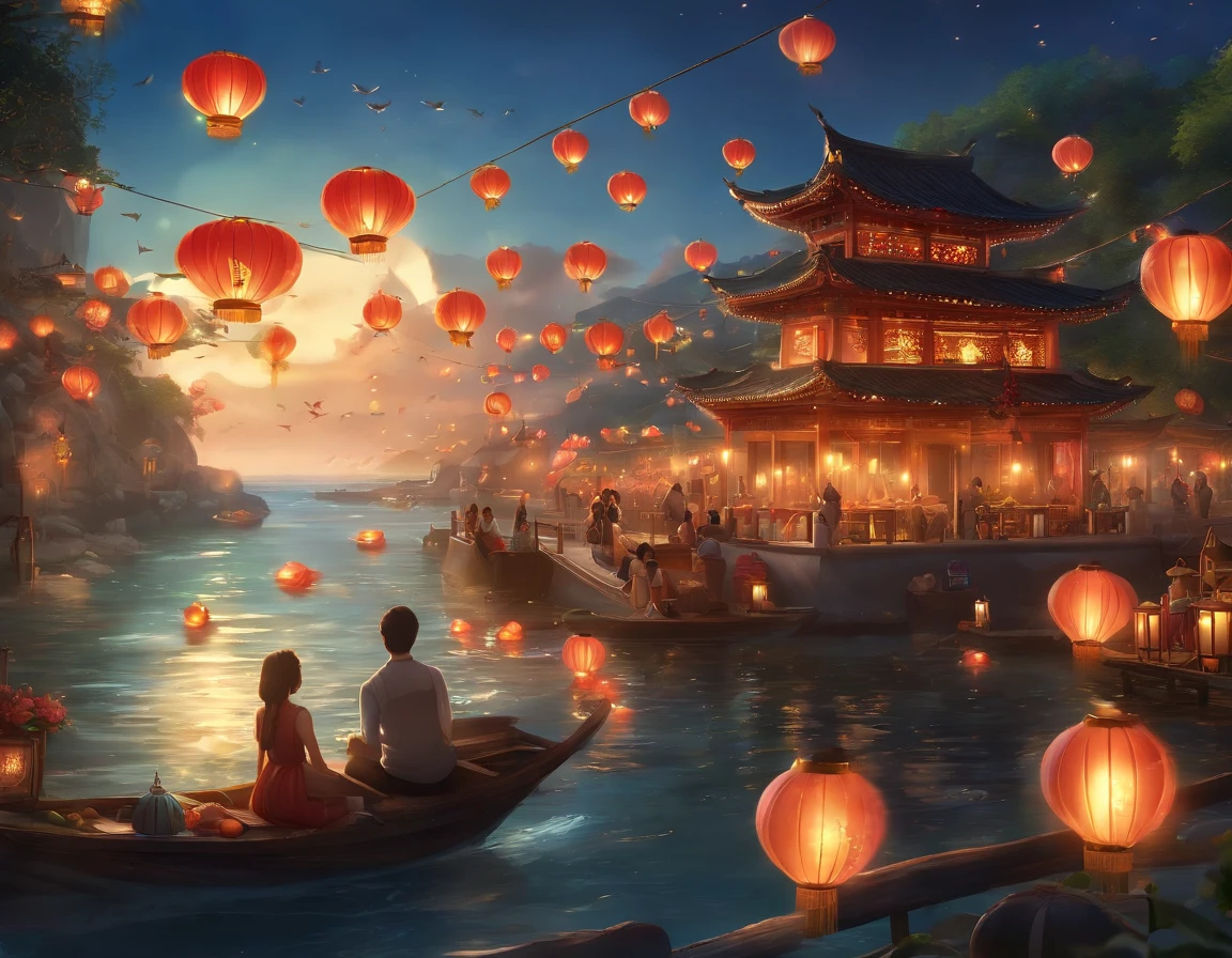 (Best quality,4K,A high resolution,Masterpiece:1.2),Ultra-detailed,Realistic:1.37,paper lanterns,Floating lanterns,mind-blowing views,Fish swimming,Anime style,Festive atmosphere,Game propaganda art,Festive colors,lively illustrations,dynamic waves,Sparkling water,Mesmerizing scene,Sea backgroun,Cartoonish characters,Joyful celebration,Dazzling lights,festive decorations,Playful animations,Fantastical Atmosphere,Glow-in-the-dark lanterns,waves crashing,Animated sea creatures,Traditional Lantern Festival,Engaging artwork,cheerful mood,anime-inspired,ethereal glowing,Colorful fish,Various lantern designs,Seaside setting,Lively and joyful,anime-style character,Mesmerizing colors,Whimsical decoration,Animated actions,A festival in the air,Seagulls fly,fantastic details,Superb artistry,Seawater reflection,Elaborate scenes,Vivid and eye-catching,Pleasant atmosphere.