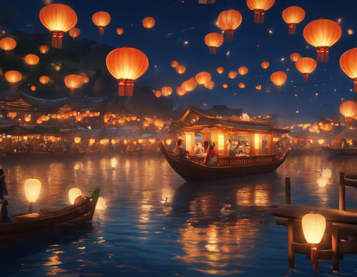 (Best quality,4K,A high resolution,Masterpiece:1.2),Ultra-detailed,Realistic:1.37,paper lanterns,Floating lanterns,mind-blowing views,Fish swimming,Anime style,Festive atmosphere,Game propaganda art,Festive colors,lively illustrations,dynamic waves,Sparkling water,Mesmerizing scene,Sea backgroun,Cartoonish characters,Joyful celebration,Dazzling lights,festive decorations,Playful animations,Fantastical Atmosphere,Glow-in-the-dark lanterns,waves crashing,Animated sea creatures,Traditional Lantern Festival,Engaging artwork,cheerful mood,anime-inspired,ethereal glowing,Colorful fish,Various lantern designs,Seaside setting,Lively and joyful,anime-style character,Mesmerizing colors,Whimsical decoration,Animated actions,A festival in the air,Seagulls fly,fantastic details,Superb artistry,Seawater reflection,Elaborate scenes,Vivid and eye-catching,Pleasant atmosphere.