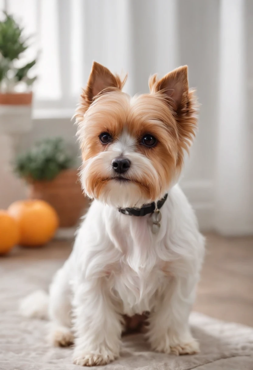 Biewer terrier a la pompom, em um apartamento luxuoso, mordendo a fruta melancia