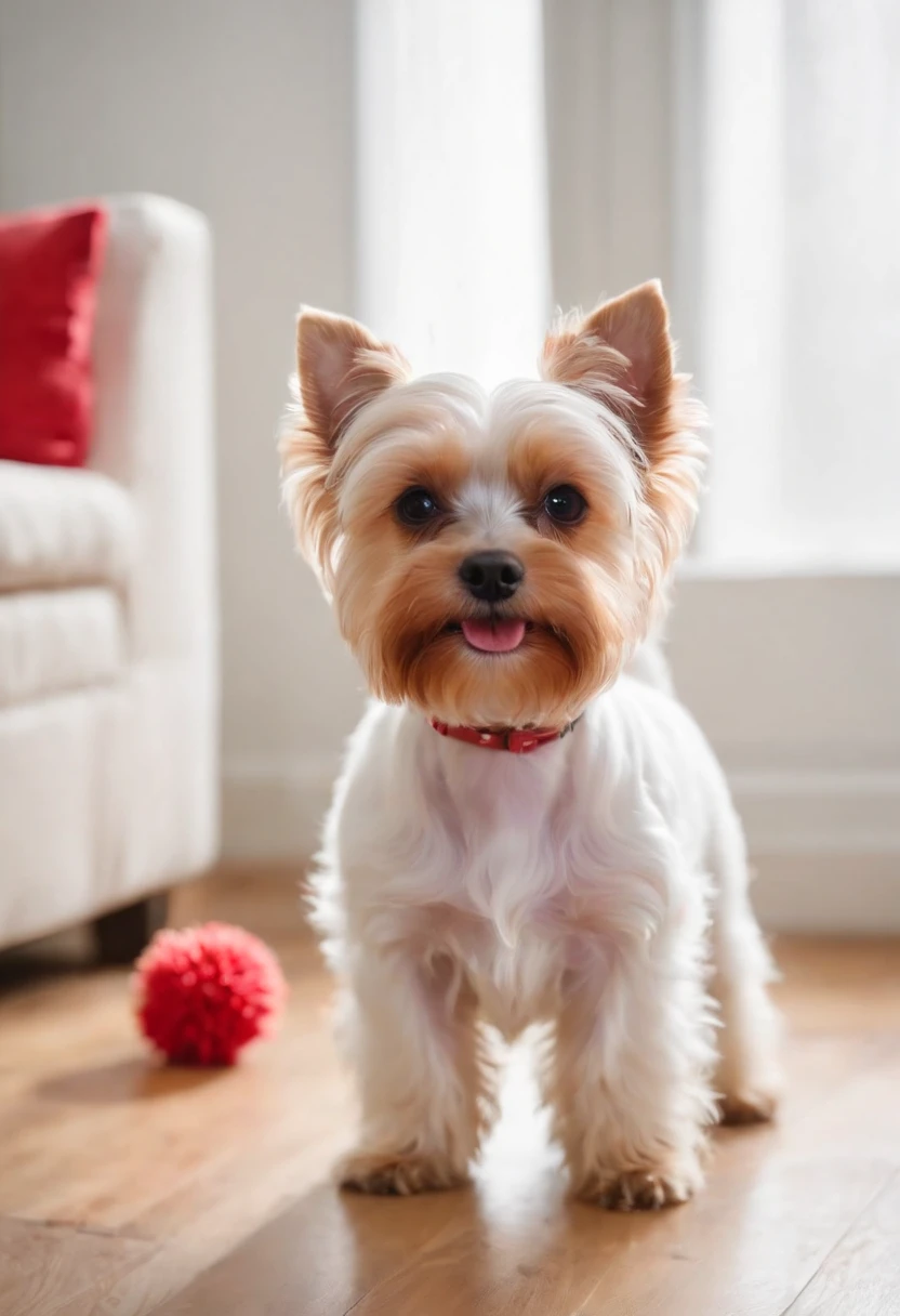 Biewer terrier a la pompom, em um apartamento luxuoso, mordendo a fruta melancia