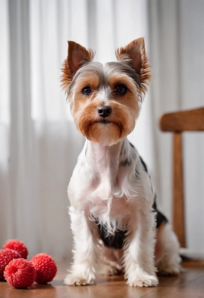 Biewer terrier a la pompom, em um apartamento luxuoso, mordendo a fruta melancia