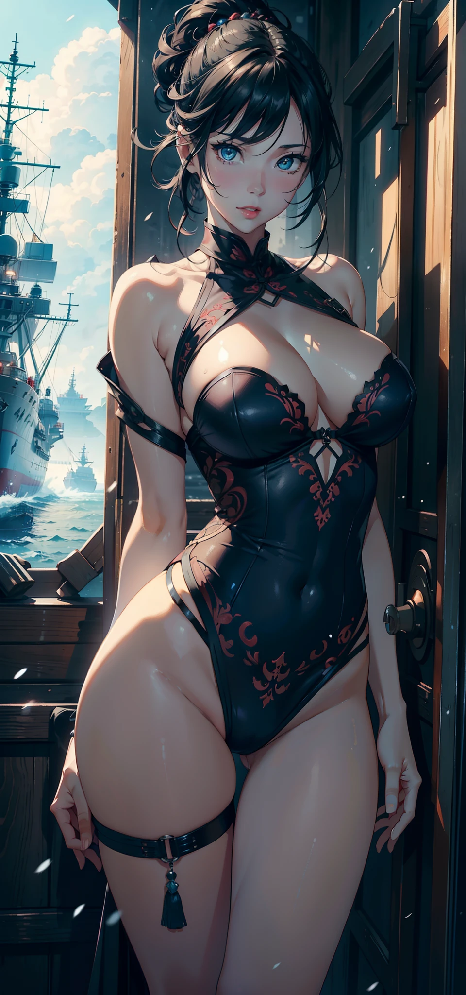 1female，35yo，plumw，extremely large bosom， 独奏，（Background with：warships，the sea，battleships，） She has short black hair，Standing at the bow of the ship，，seen from the front， hair straight， mostly cloudy sky，（（（tmasterpiece），（Very detailed CG unity 8K wallpaper），best qualtiy，cinmatic lighting，detailed back ground，beatiful detailed eyes，Bright pupils，Blue eyes，Snow-whiteskin，Redlip（Very fine and beautiful），（Beautiful and detailed eye description），ultra - detailed，tmasterpiece，））facing at camera，A high resolution，ultra - detailed），revealing breasts，Bare genitalia，  Bulge，legs are open，Raised sexy，Camel toes，Flushed complexion，Desire for dissatisfaction，frontage，Spidey，on cheongsam