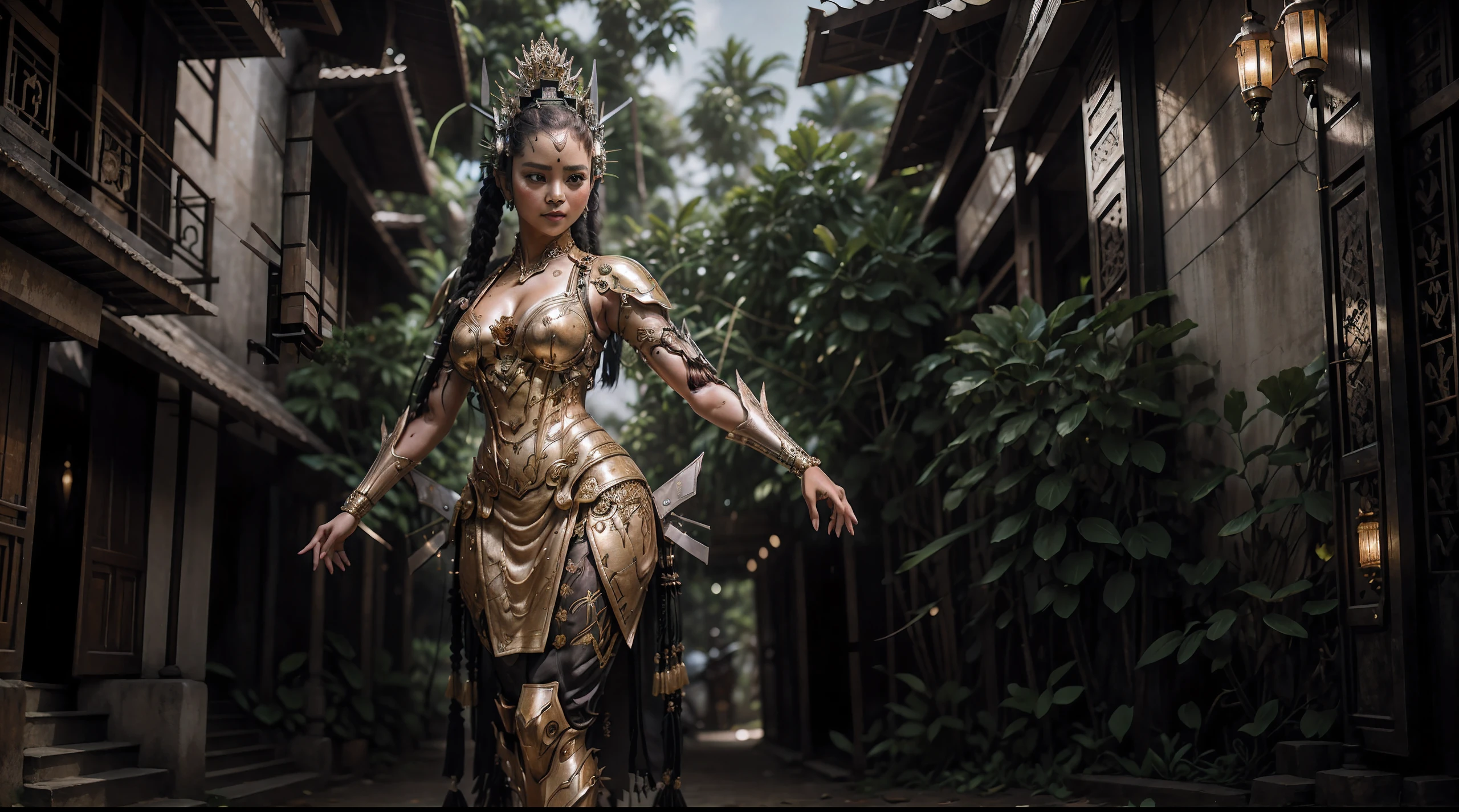 traditional Balinese (1girl) engaged in a graceful dance while adorned in a Balinese dress holding fan backwards that seamlessly incorporates advanced mecha cybernetic technology and exudes a cyberpunk aesthetic, ((wearing mecha armor)),blending traditional and techno