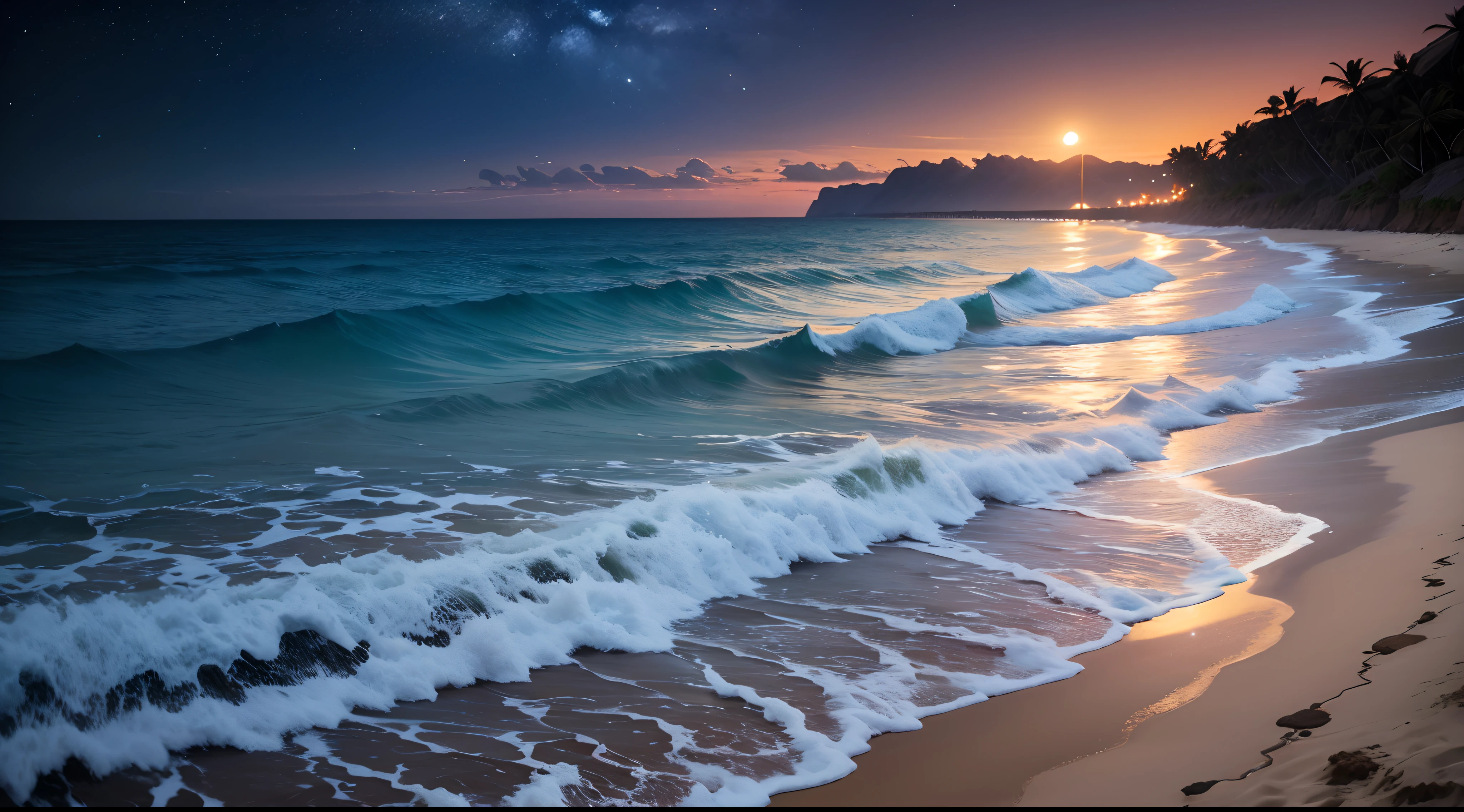 (4k, alta resolução), praia bonita, noite bela, escura com luzes brilhantes, refletir na areia, praia bela.