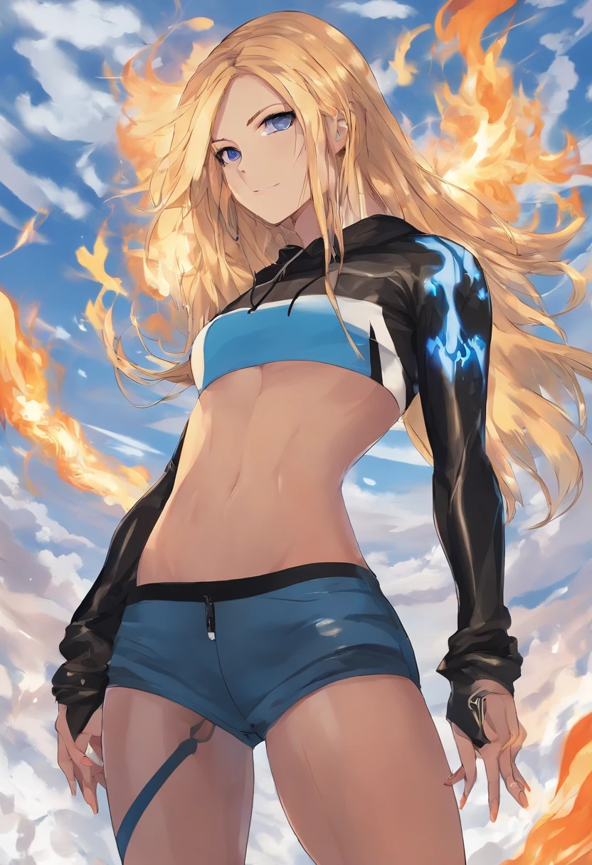 ((Avril Lavigne:1.2)) (1 girl) with (blue fire burning her eyes:1.3), a stunning face, wearing tight black shorts and a hoodie that is above waist length, perfect breasts, well-endowed, 8-pack abs, muscular legs, perky glutes, (round glutes, muscular glutes:1.2), feminine, very large breasts, perfect body, perfect proportions, feminine and muscular, bodybuilder physique, her skin is flawless, (fireball lighting her face:1.1), (bright fire eyes:1.1), (fire coming out of her eyes:1.3), hot fire goddess, she has fire powers, fire eyes, with fire, firey, ((standing:1.4)), masterpiece, best quality, ultra-detailed, very detailed illustrations, extremely detailed, intricate details, highres, super complex details, floating over the ocean in the evening, complete body in view, full-length shot, full shot, (full body shot:1.5)