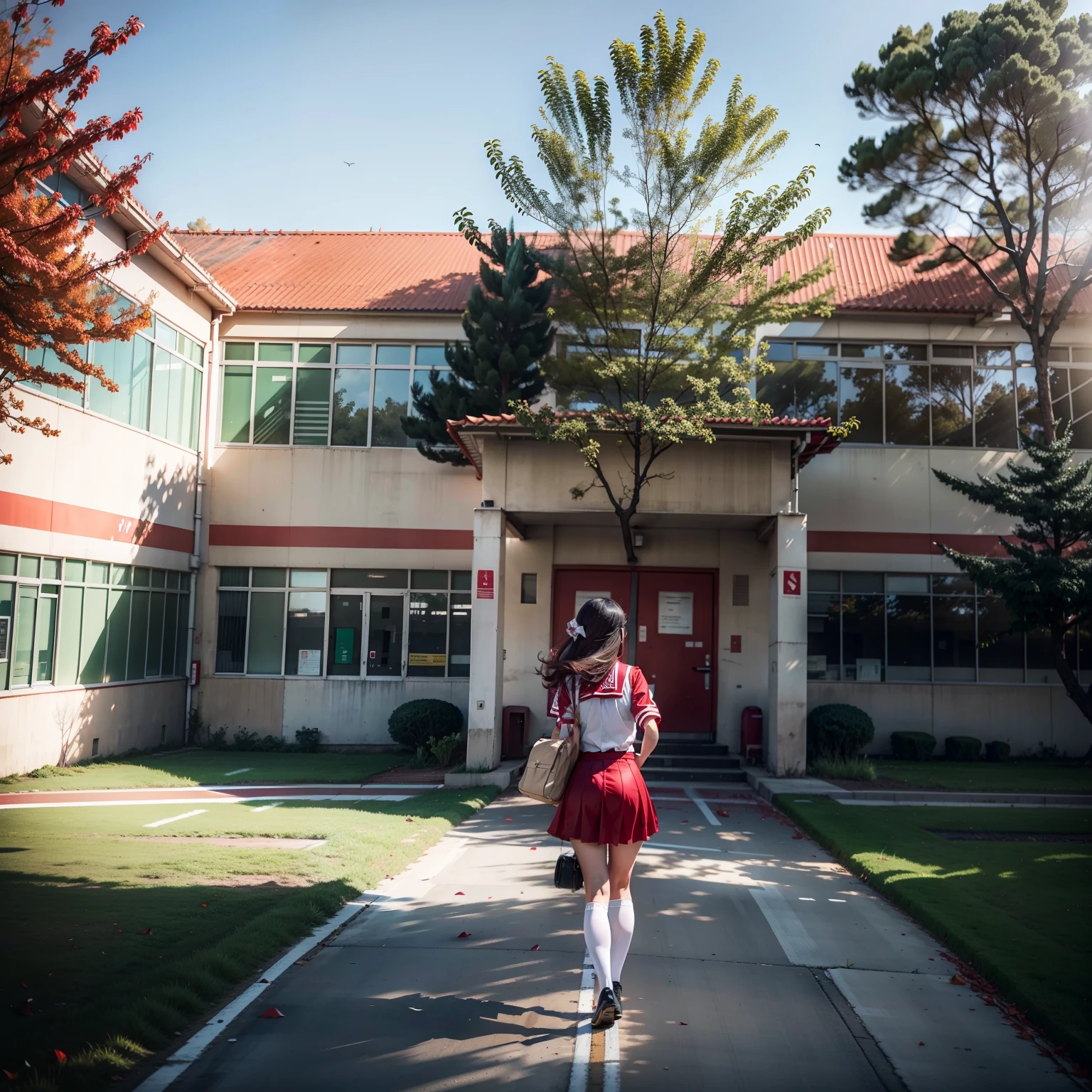 On the red runway,Students in red and white uniforms ran towards the front,The background is the school building and the green tree,Big perspective,
