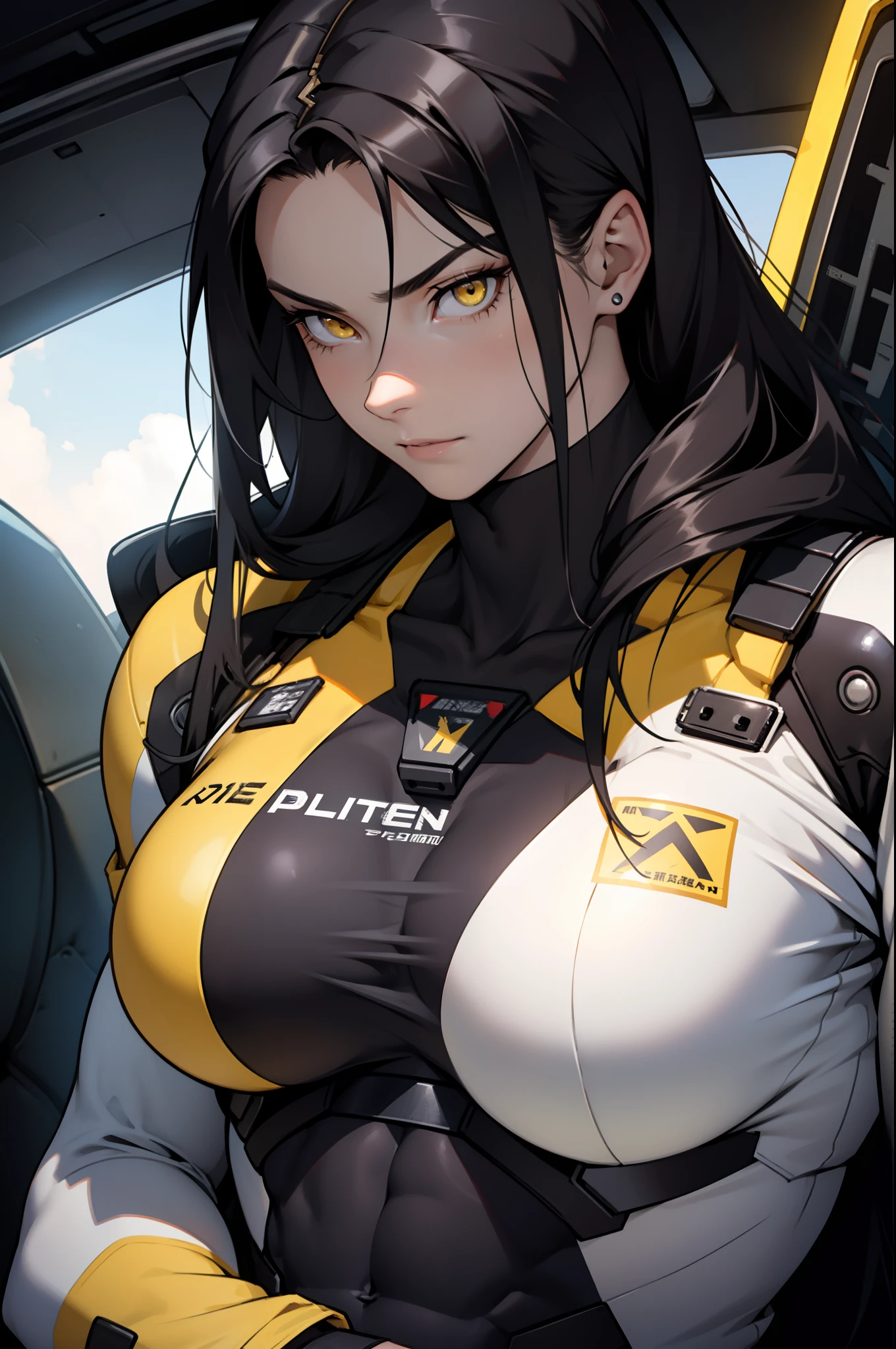 1 girl, black hair, yellow eyes, very long hair, pale skin, ((((extremely muscular)))), large breasts, (confident expression), pilot suit, close up