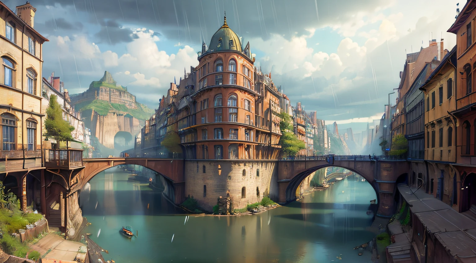 ((masterpiece)),((best quality)),((high detial)),((realistic,)) Industrial age city, deep canyons in the middle, architectural streets, bazaars, Bridges, rainy days, steampunk, European architecture