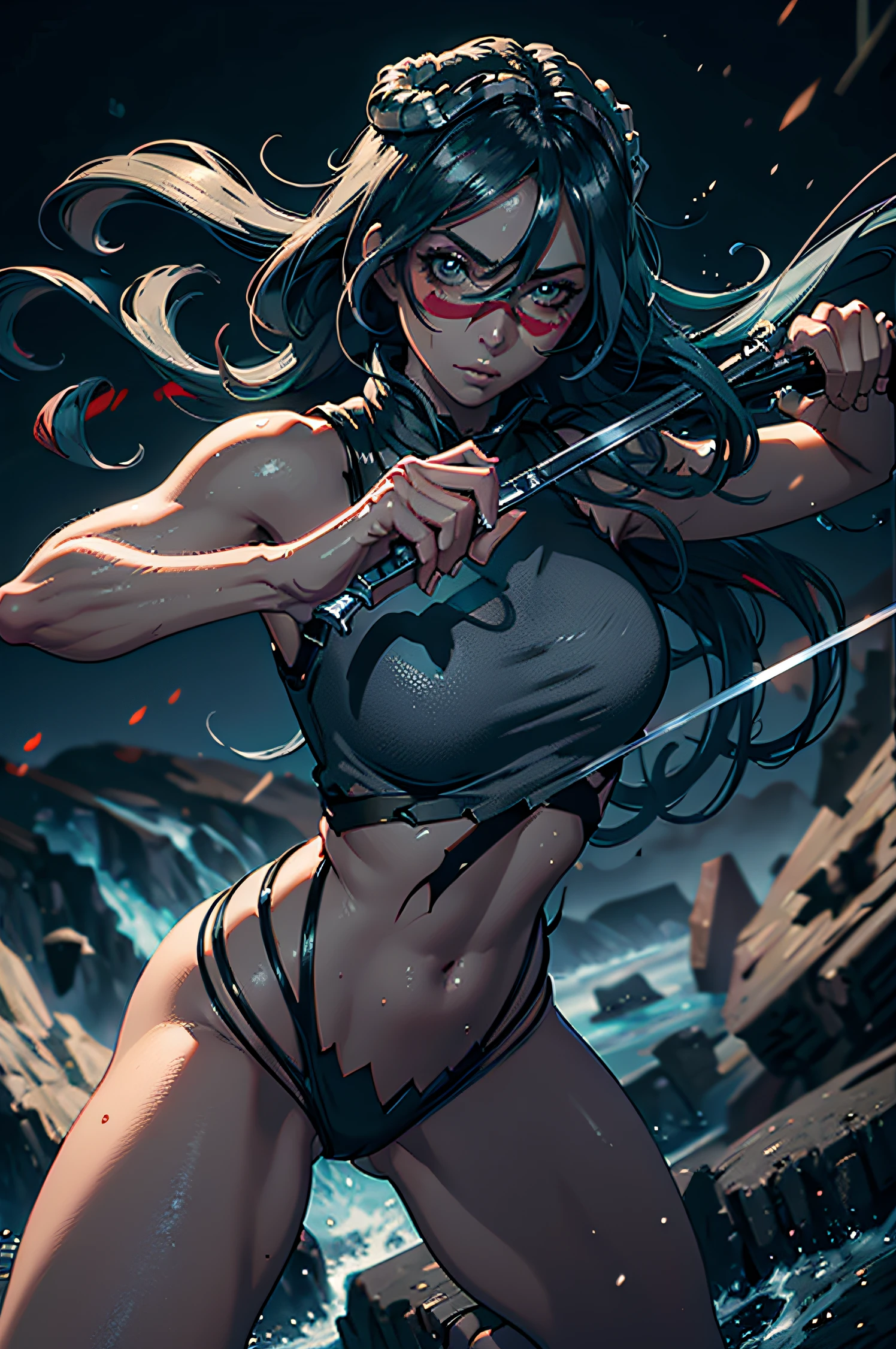 A superheroine wearing skimpy outfit, sleeveless, long hair, flying, wielding daggers, no cape, no mask, dynamic pose, 3d, (8k), detailed texture,(hyperdetailed), (photo realistic), cinematic light, cinematic action, highly detailed, realistic, Isometric, full body, in frame, driven expression, dark theme, (extremely detailed eyes), detailed symmetric realistic face, extremely detailed natural texture, masterpiece, extremely detailed, amazing, fine detail, rich colors, hyper realistic lifelike texture, dramatic lighting, unreal engine, trending on art station, photo realistic, RAW photo, high quality, high res, sharp focus, extremely detailed, cinematic lighting, 8k, high definition, cinematic, neoprene, unreal engine 5, ultra sharp focus