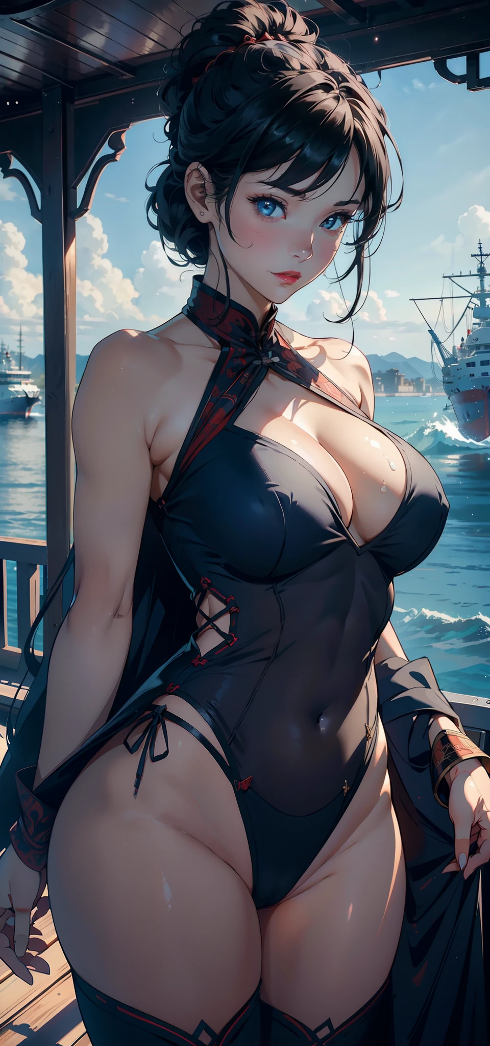 1female，35yo，plumw，extremely large bosom， 独奏，（Background with：warships，the sea，battleships，） She has short black hair，Standing at the bow of the ship，，seen from the front， hair straight， mostly cloudy sky，（（（tmasterpiece），（Very detailed CG unity 8K wallpaper），best qualtiy，cinmatic lighting，detailed back ground，beatiful detailed eyes，Bright pupils，Blue eyes，Snow-whiteskin，Redlip（Very fine and beautiful），（Beautiful and detailed eye description），ultra - detailed，tmasterpiece，））facing at camera，A high resolution，ultra - detailed），revealing breasts，Bare genitalia，  Bulge，legs are open，Raised sexy，Camel toes，Flushed complexion，Desire for dissatisfaction，frontage，spiderman uniform，on cheongsam