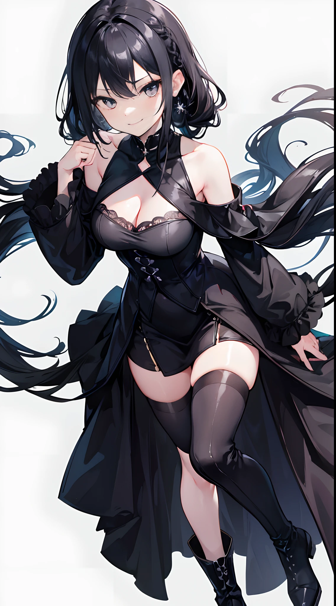 Gorgeous black wedding dress，Solo，Facing the viewing angle，bit girl，Loli，Gorgeous black shawl，Black hair，Fishtail braided hairstyle，Black colored eyes，A smug smile，Black super-heeled boots，stand posture，Extend your right leg forward，White background,Simple background