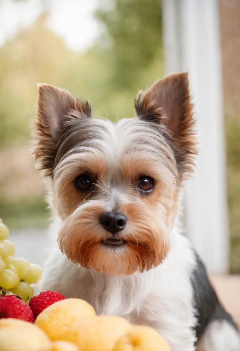 Biewer terrier a la pompom comendo frutas