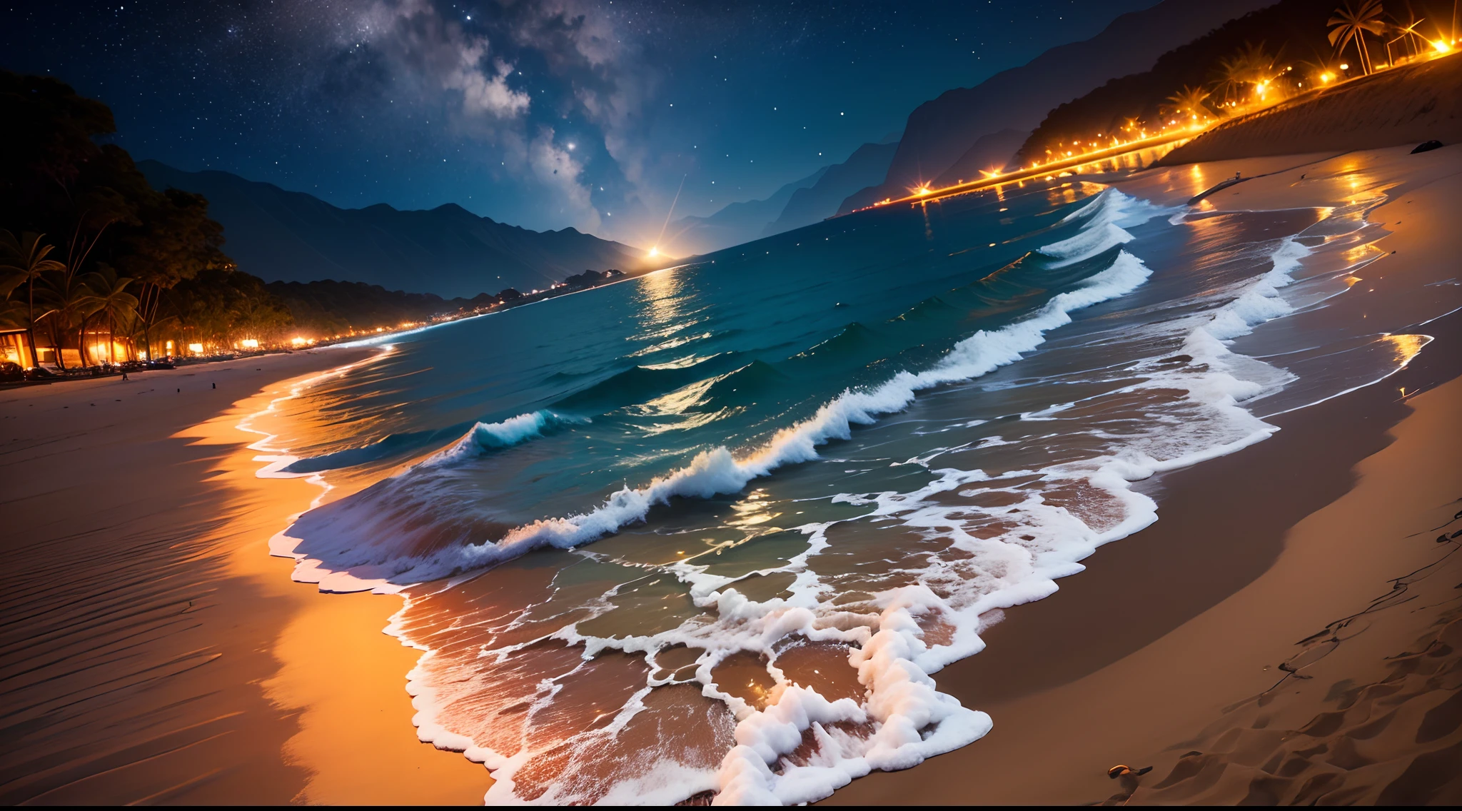 (4k, alta resolução), praia bonita, noite bela, escura com luzes brilhantes, refletir na areia, praia bela, praia de Copacana no Rio de Janeiro.