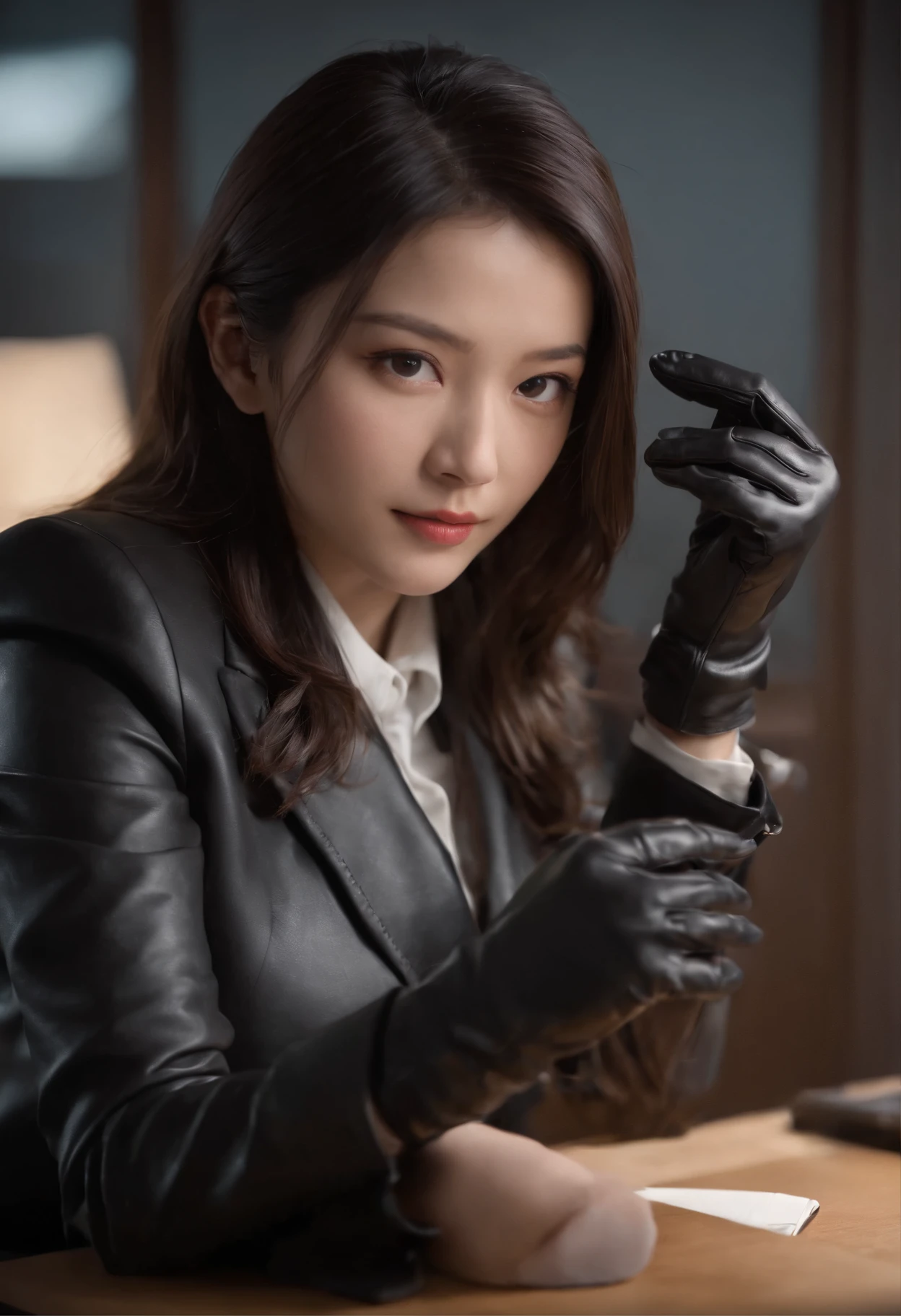 Both hands are covered with black leather gloves up to the fingertips, upper body, black recruitment suit, black hair bundled long behind the desk in the room with a computer in the dark, look here, play with the hair with the fingertips of black leather gloves, exceptionally cute Japanese female new employee (the angle is in the front)