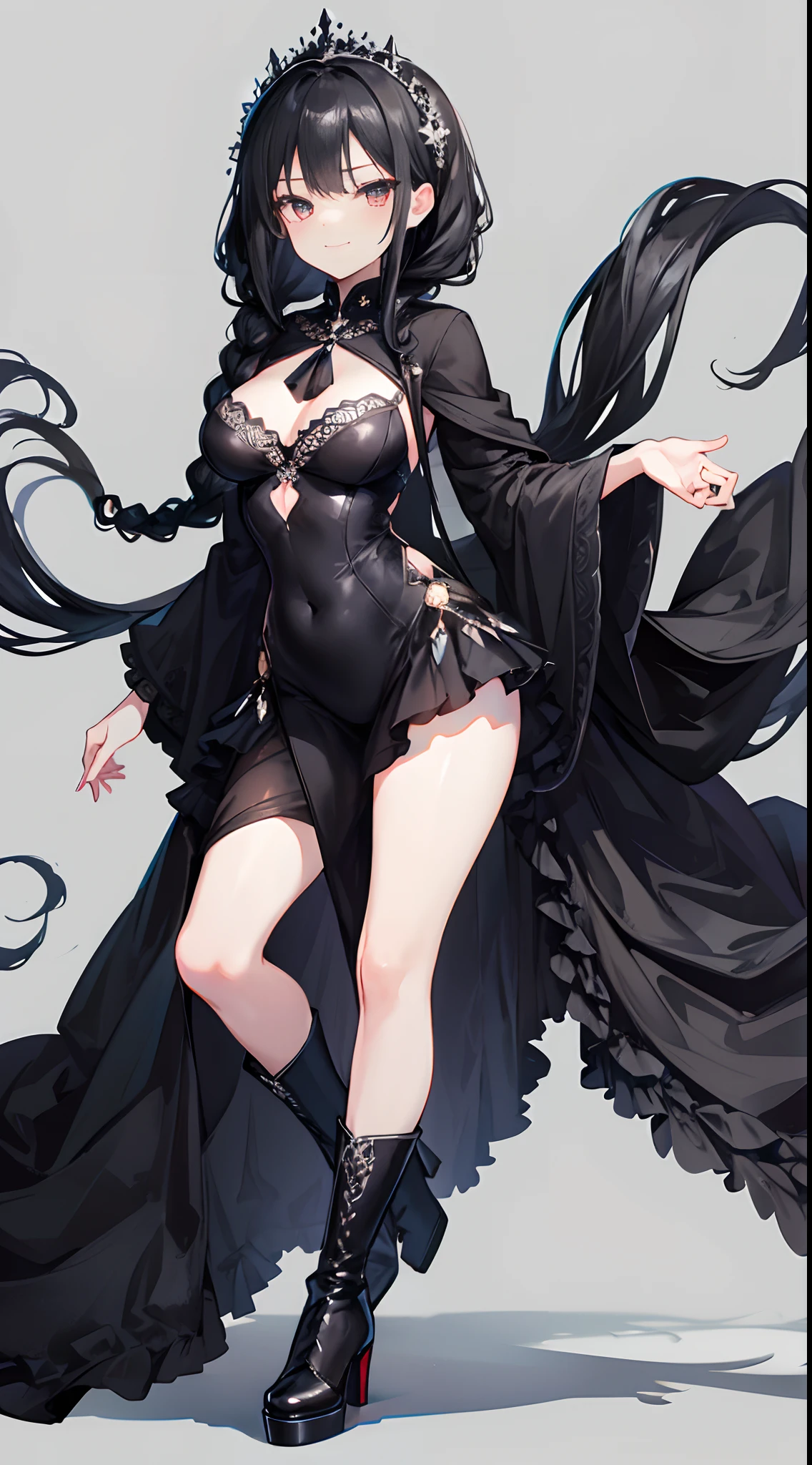 Gorgeous black wedding dress，Solo，Facing the viewing angle，bit girl，Loli，Gorgeous black shawl，Black hair，Fishtail braided hairstyle，Black colored eyes，A smug smile，Black super-heeled boots，stand posture，Extend your right leg forward，White background,Simple background