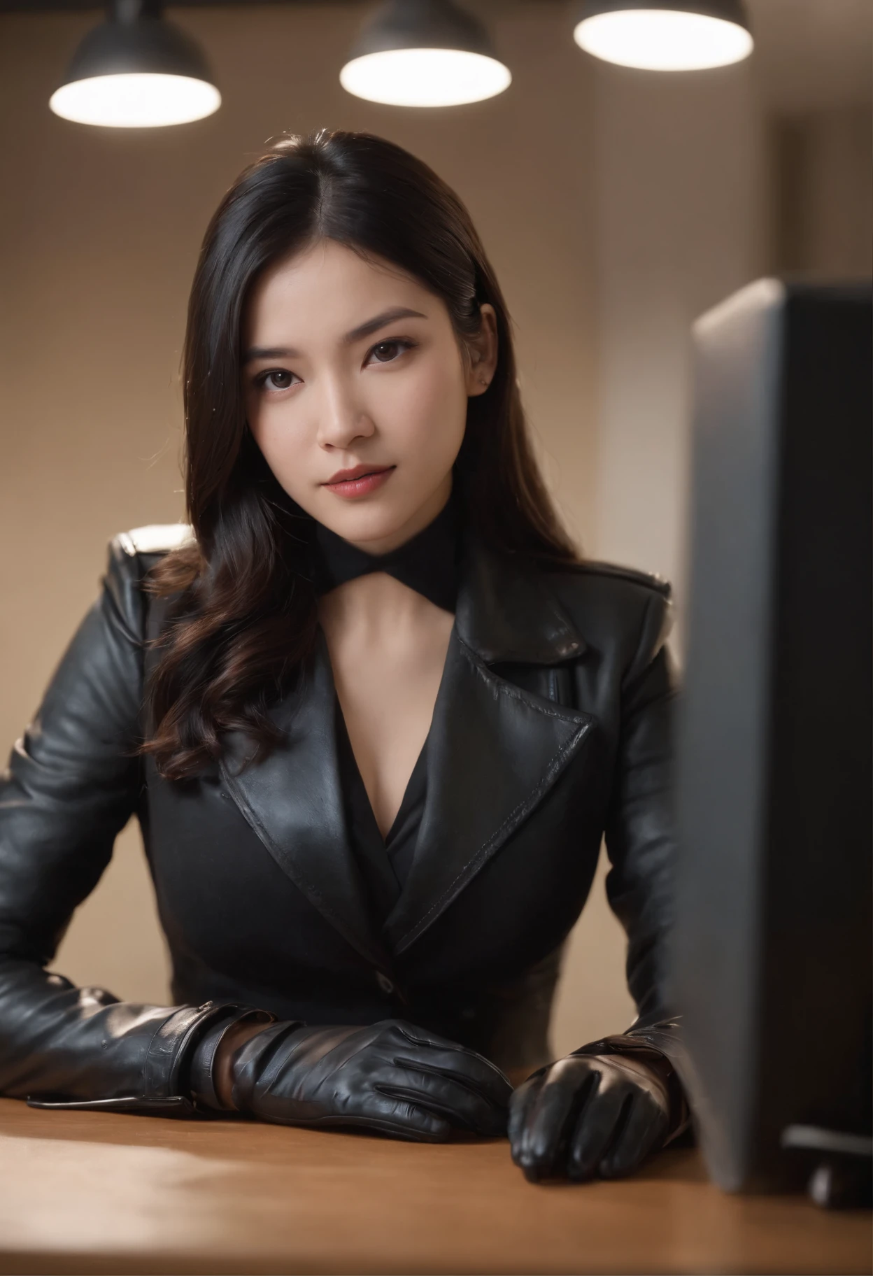 Both hands are covered with black leather gloves up to the fingertips, upper body, black recruitment suit, black hair bundled long behind the desk in the room with a computer in the dark, look here, play with the hair with the fingertips of black leather gloves, exceptionally cute Japanese female new employee (the angle is in the front)