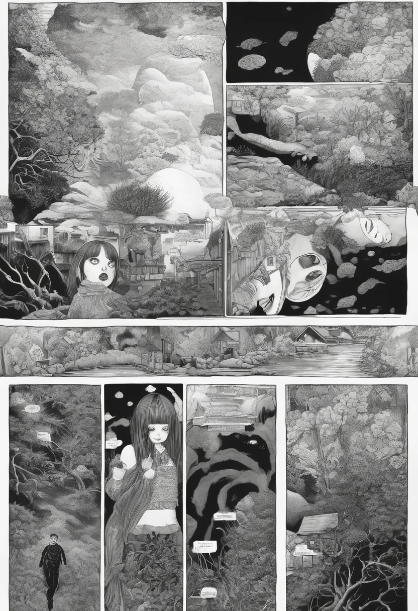 junji ito style, manga, black and white, one page manga style layout, no talking bubbles, yokai girl, grotesque, disgusting, terrifying, dynamic manga layout, horror
