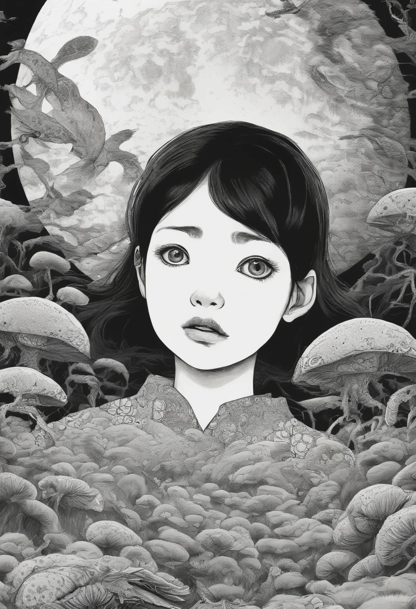 Portrait of a beautiful young woman being possessed by humanoid toys, organic, diabolical and japanese mechanics, in the style of Toshio Saeki, detailed and linear illustration.
