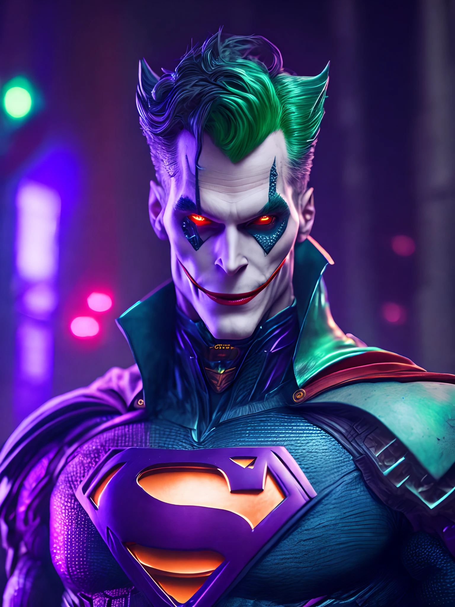 Portrait, Joker from DC, Biomechanical, Complex Robot, Full Growth, Hyper Realistic, Insane Small Details, Extremely Clean Lines, Cyberpunk Aesthetic, Masterpiece Featured at Zbrush Central, Gothic Brutalist Cathedral, Cyberpunk, Award-Winning Photo, Bokeh, Neon Lights, Cybernetic Limb