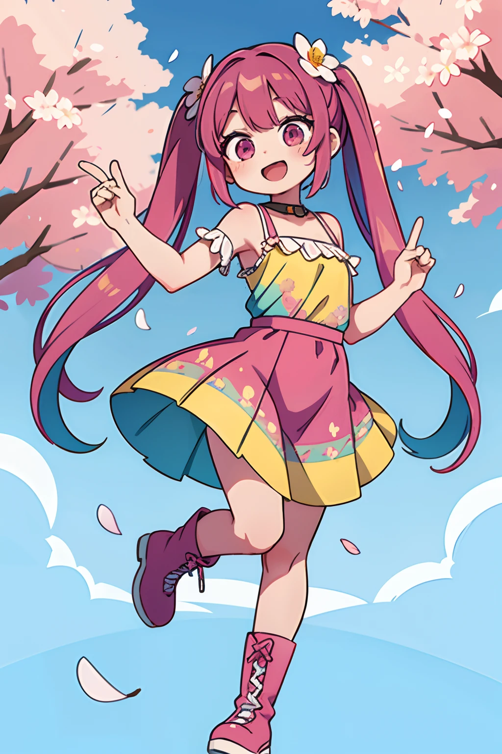 Stand in front of the photo、1girl in,Full body,a short bob, But long pigtails, rainbow color Hair,long boots,Open mouth and big smile、kawaii pose、Flowing iridescent silk、up of face、Eye Up、Colorcon with heart pattern、Floral dress、There are flowers even in front of you、Cherry blossom petals、season!!: springtime☀ 🍂