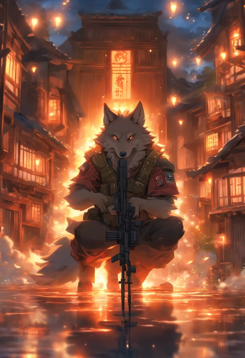 Illustration of a wolf holding or shooting a sniper rifle, Cinematic light and reflection, Intermediate metaverse elements,Digital Painting, Glowing reflections,Beautiful atmosphere night skylight,Surrounded by clouds, Buildings in medieval Europe, glazed tiles,