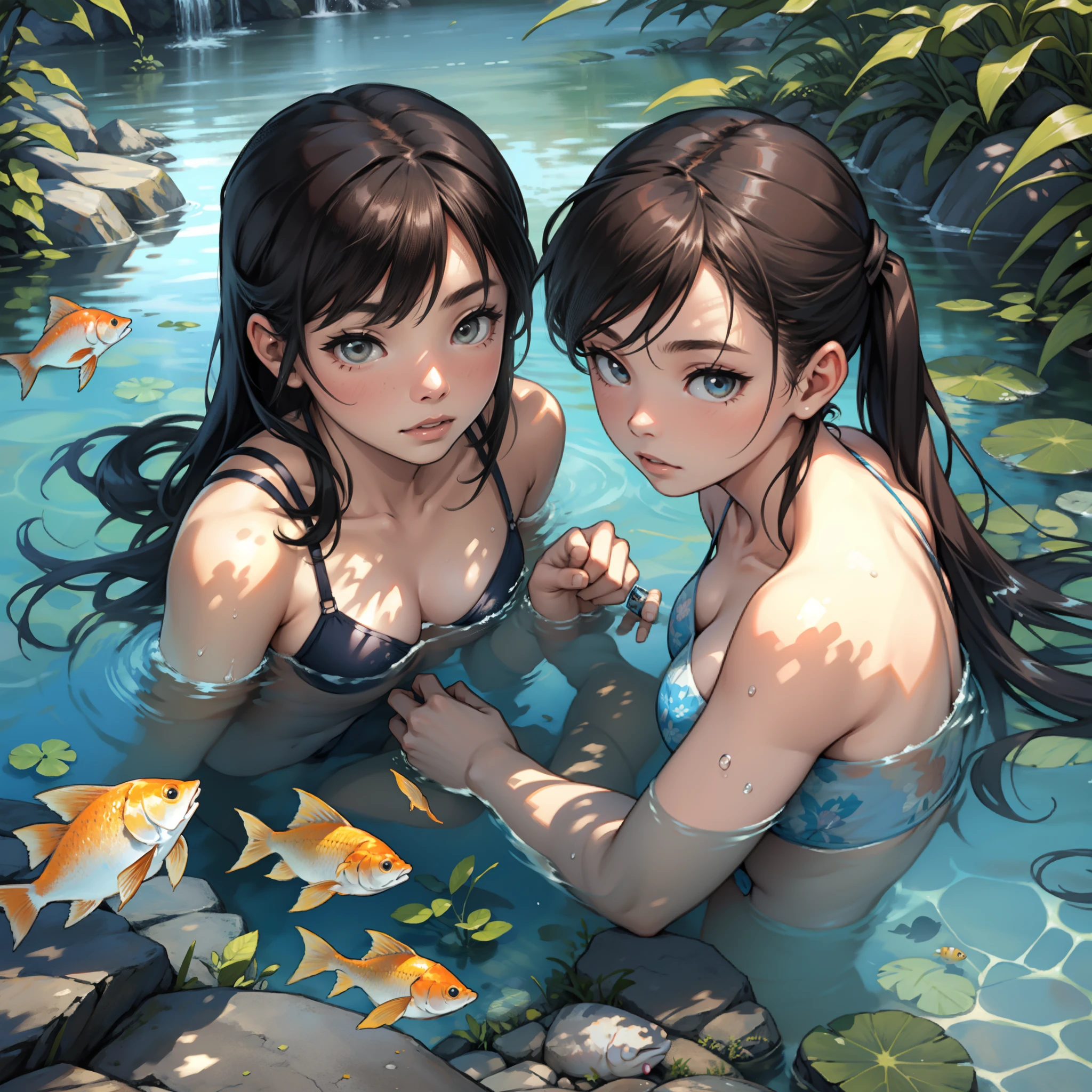 Two girls swimming together,Spring water,Small fish