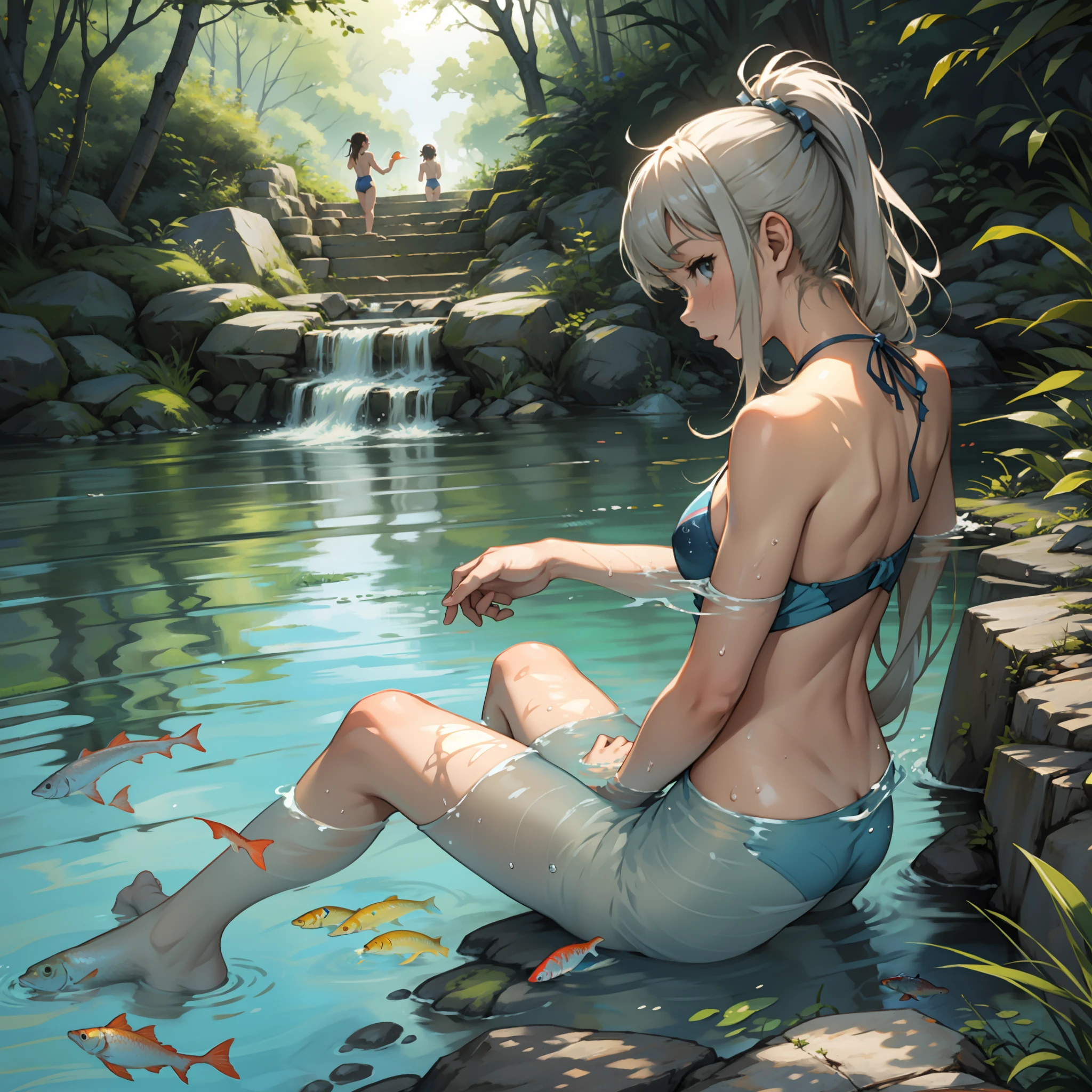 Two girls swimming together,Spring water,Small fish