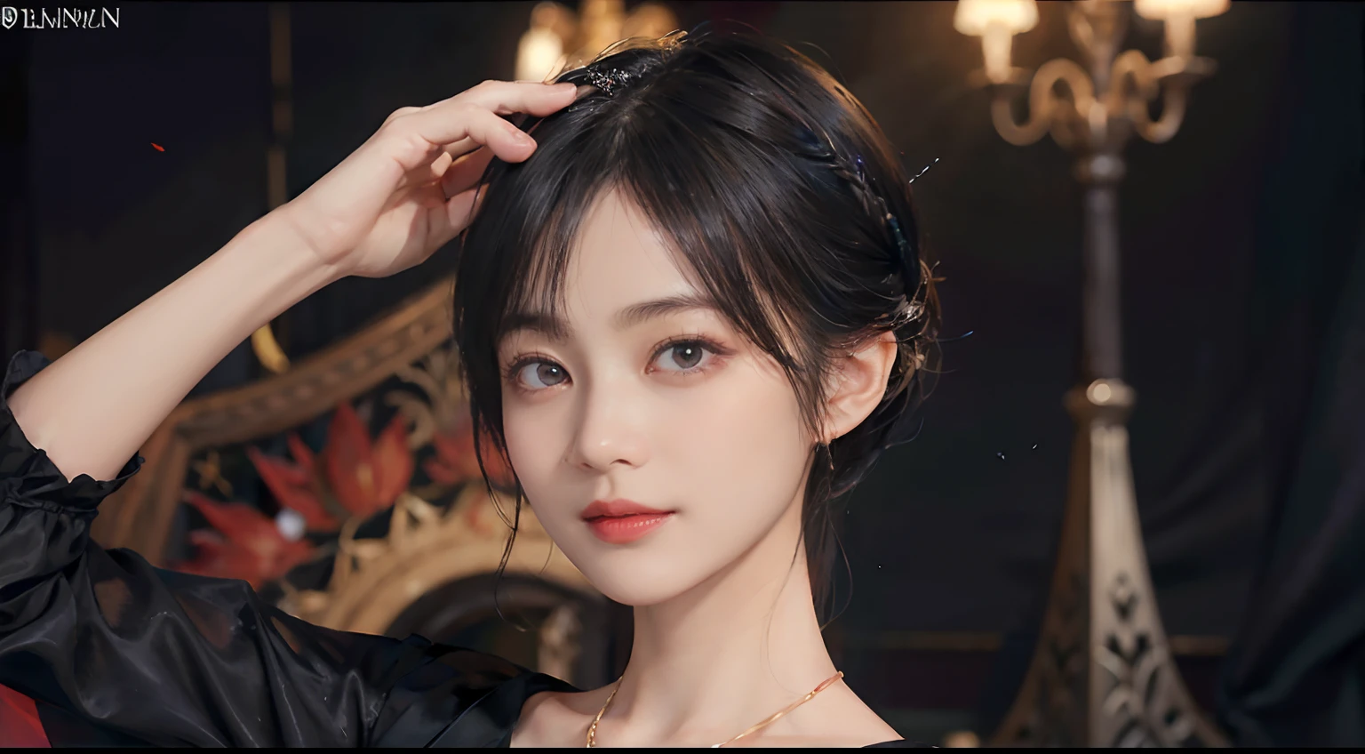 ((1womanl)), (((Black-short-hair))), (masuter piece:1,3)、top-quality、masterpiece、hight resolution、Original、highly detailed wallpaper、dress code、Luxurious necklace, (A slight smil)、a small face、((breast))、(Red and blue dresses)、(light on face)、Live-action style, Beautiful facial features, darkened room, ((Hu Dilan)), Masquerade