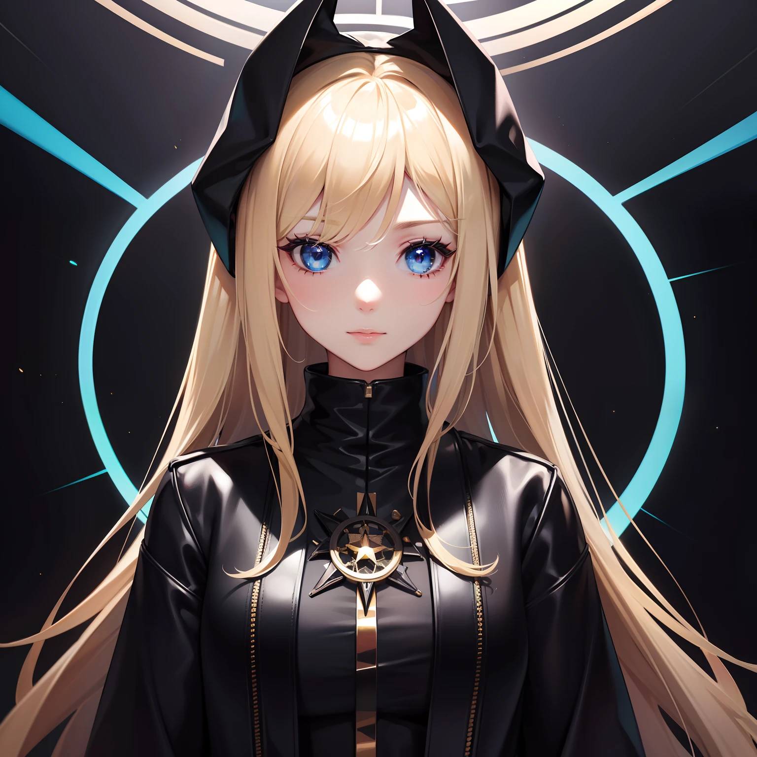 super high image, super detail, super high resolution, portrait, beautiful and stylish light blonde hair woman, wearing a mask, black leather long coat no shirt, black leather slim pants, black engineer boots, grim reaper's scythe, holofilm, translucent, iridescent, background fantasy, galaxy, magic circle, kaleidoscope, give off rainbow and gold neon light many lines radially from floor and ceiling, professional lighting